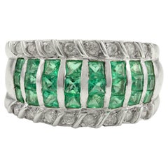 18k Solid White Gold 1 Carat Natural Emerald and Diamond Bombe Ring