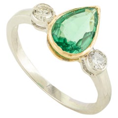 18k Solid White Gold Emerald Diamond Three Stone Engagement Ring Gift for Women