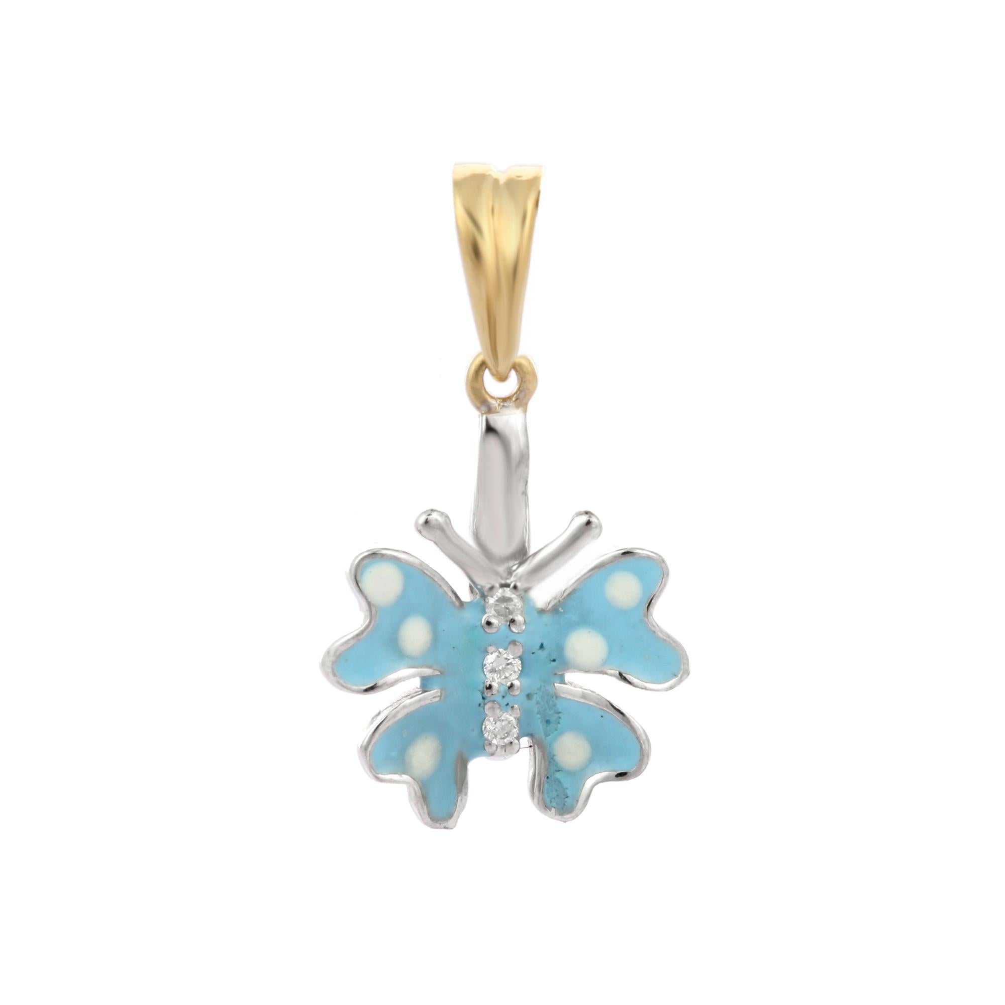 Diamond and enamel butterfly pendant in 18K Gold. It has round cut diamonds that completes your look with a decent touch. This butterfly pendant has become a symbol for rebirth and resurrection. Pendants are used to wear or gifted to represent love
