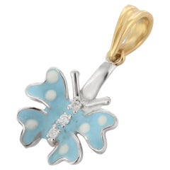 18 Karat massives Weißgold Emaille-Halskette mit Schmetterlings- und Diamant-Anhänger