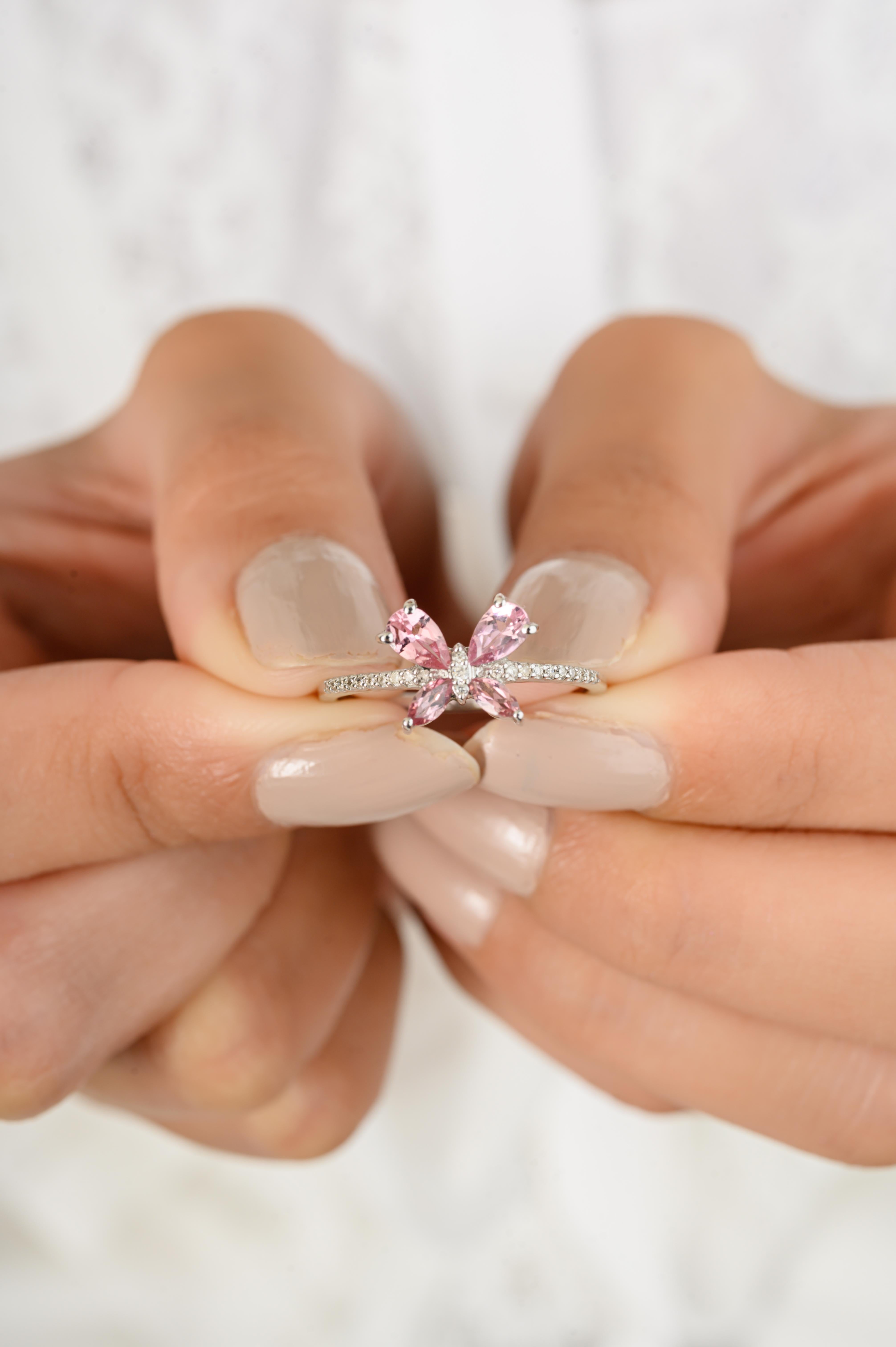 For Sale:  Everyday Tourmaline Butterfly Promise Ring in 18k Solid White Gold 6
