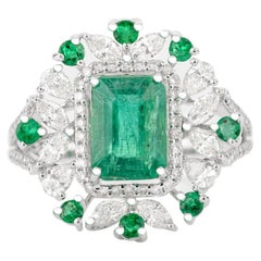 18k Solid White Gold Exquisite Emerald Diamond Wedding Cocktail Ring for Women