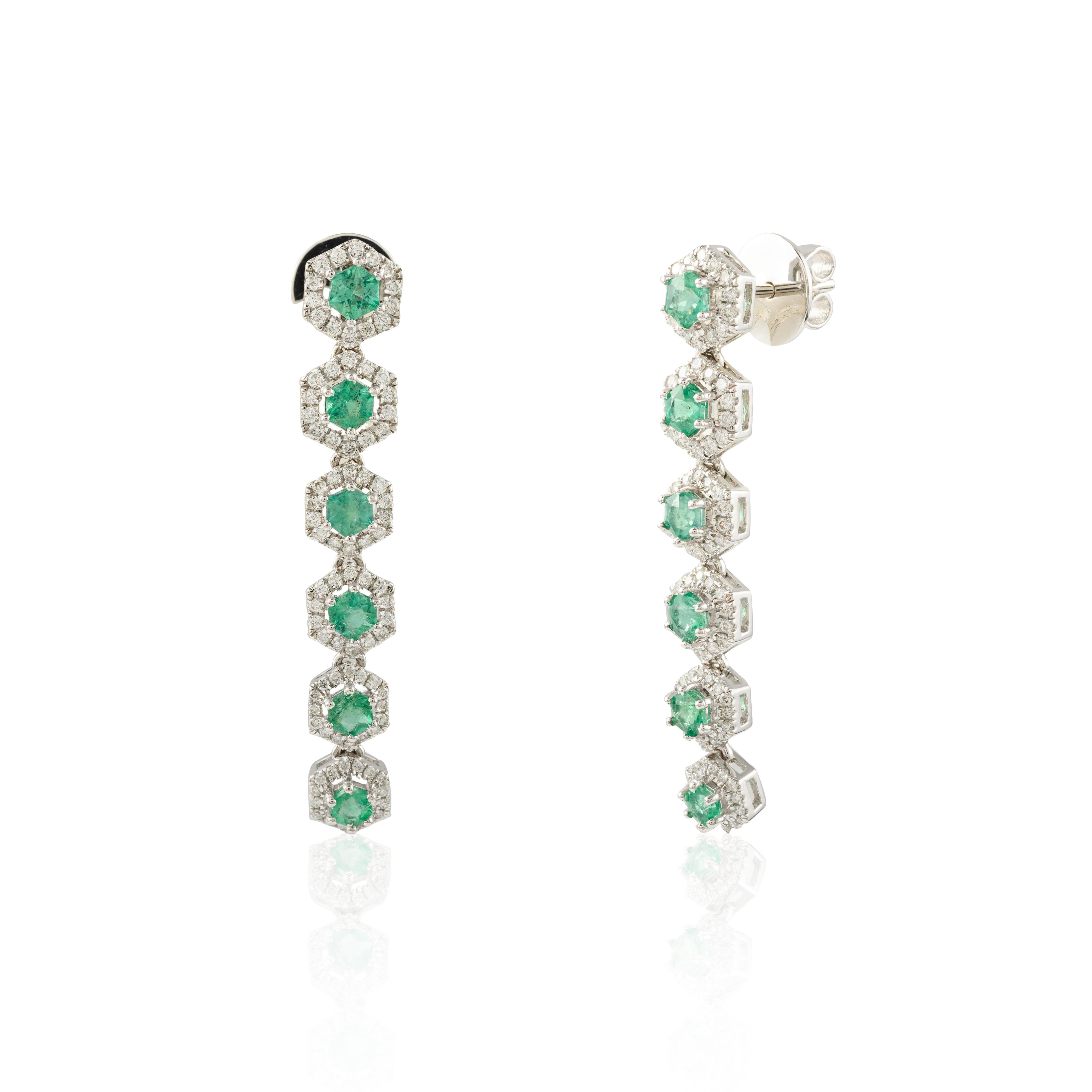 Art Deco 18k Solid White Gold Genuine Emerald Diamond Long Dangle Earrings For Women For Sale