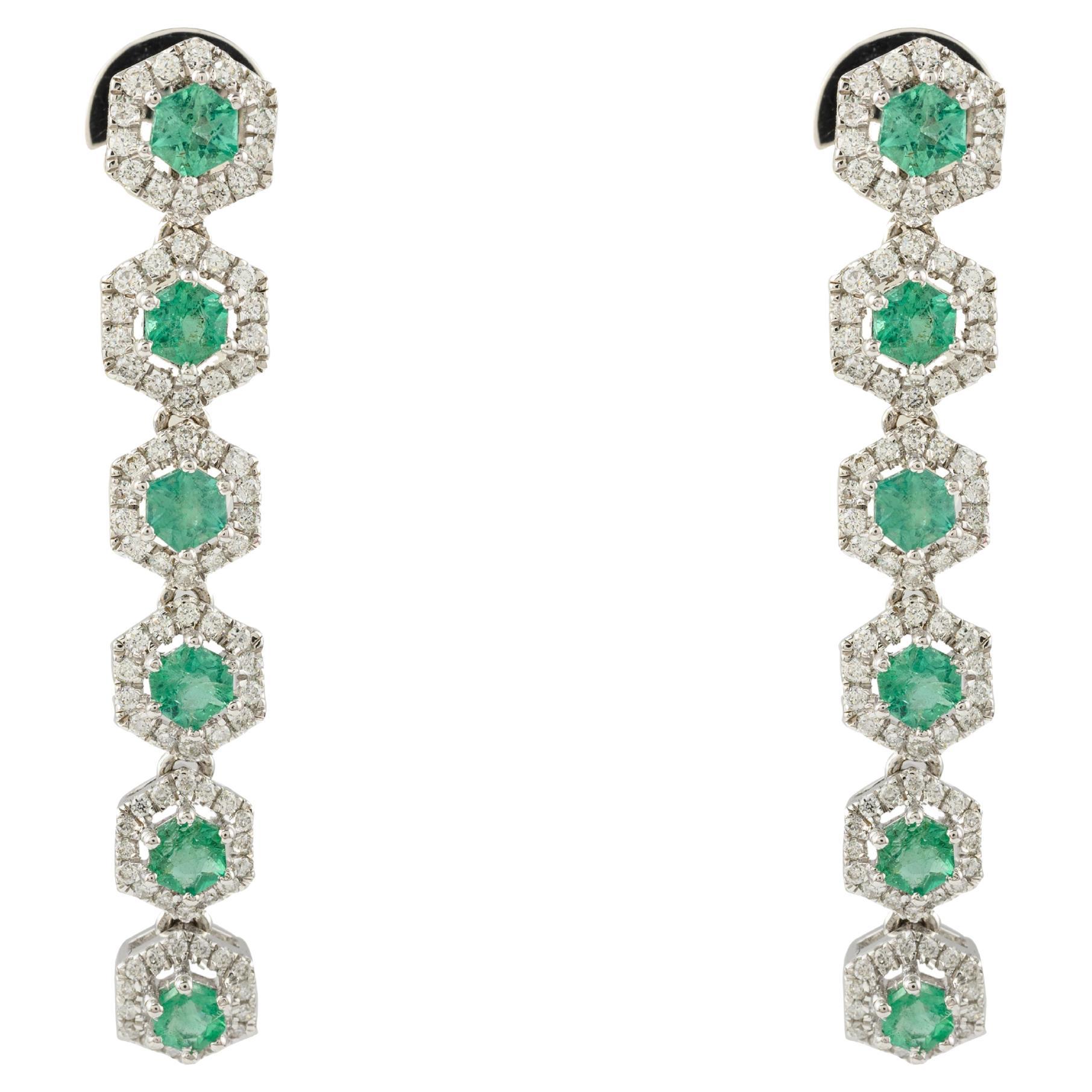 18k Solid White Gold Genuine Emerald Diamond Long Dangle Earrings For Women For Sale