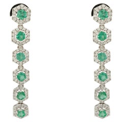 18k Solid White Gold Genuine Emerald Diamond Long Dangle Earrings For Women