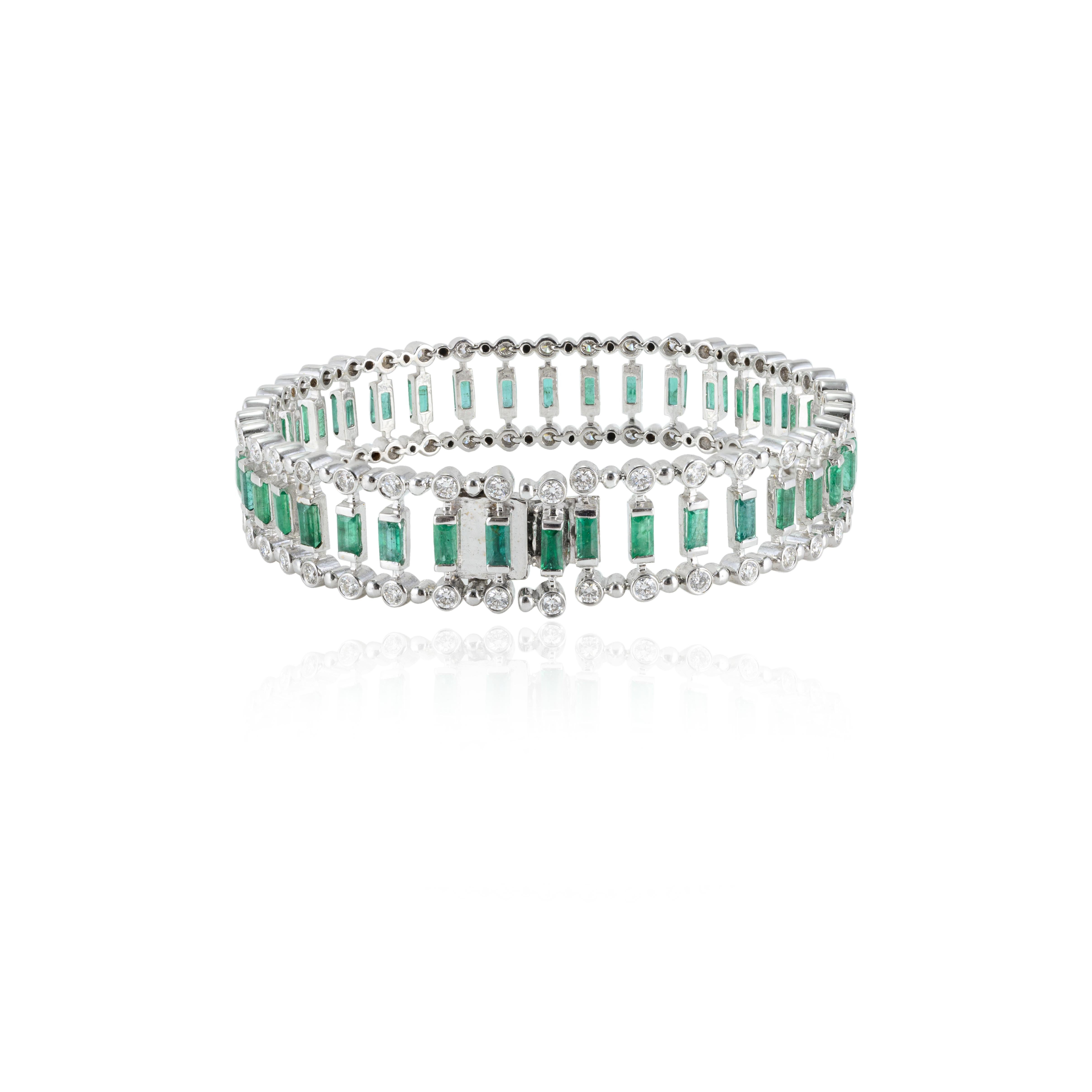 This 4.37 Carat Baguette Emerald and Diamond Wedding Bracelet in 18K gold showcases endlessly sparkling natural emerald, weighing 4.37 carat and diamonds weighing 2.1 carat. It measures 6.5 inches long in length. 
Emerald enhances intellectual