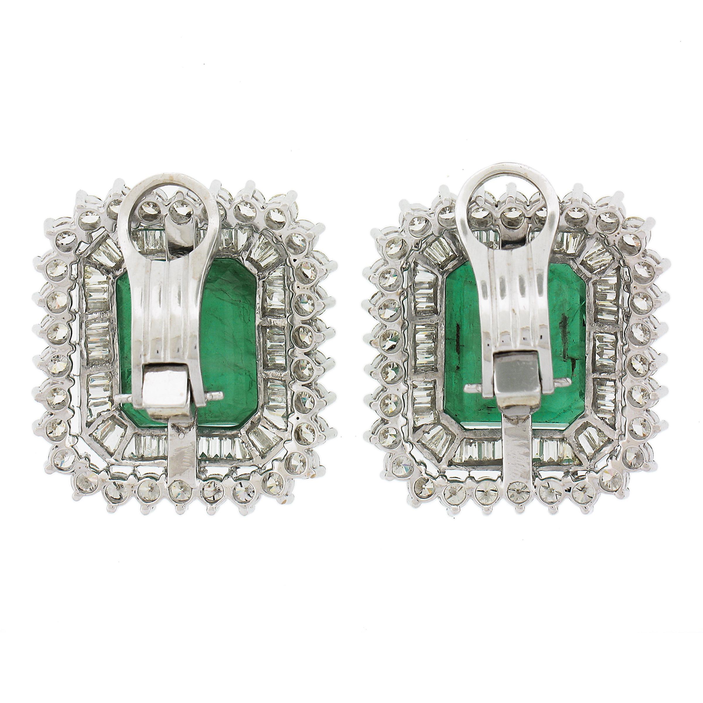 18k Solid White Gold GIA Emerald & Diamond Statement 24ctw Rectangular Earrings In Excellent Condition In Montclair, NJ