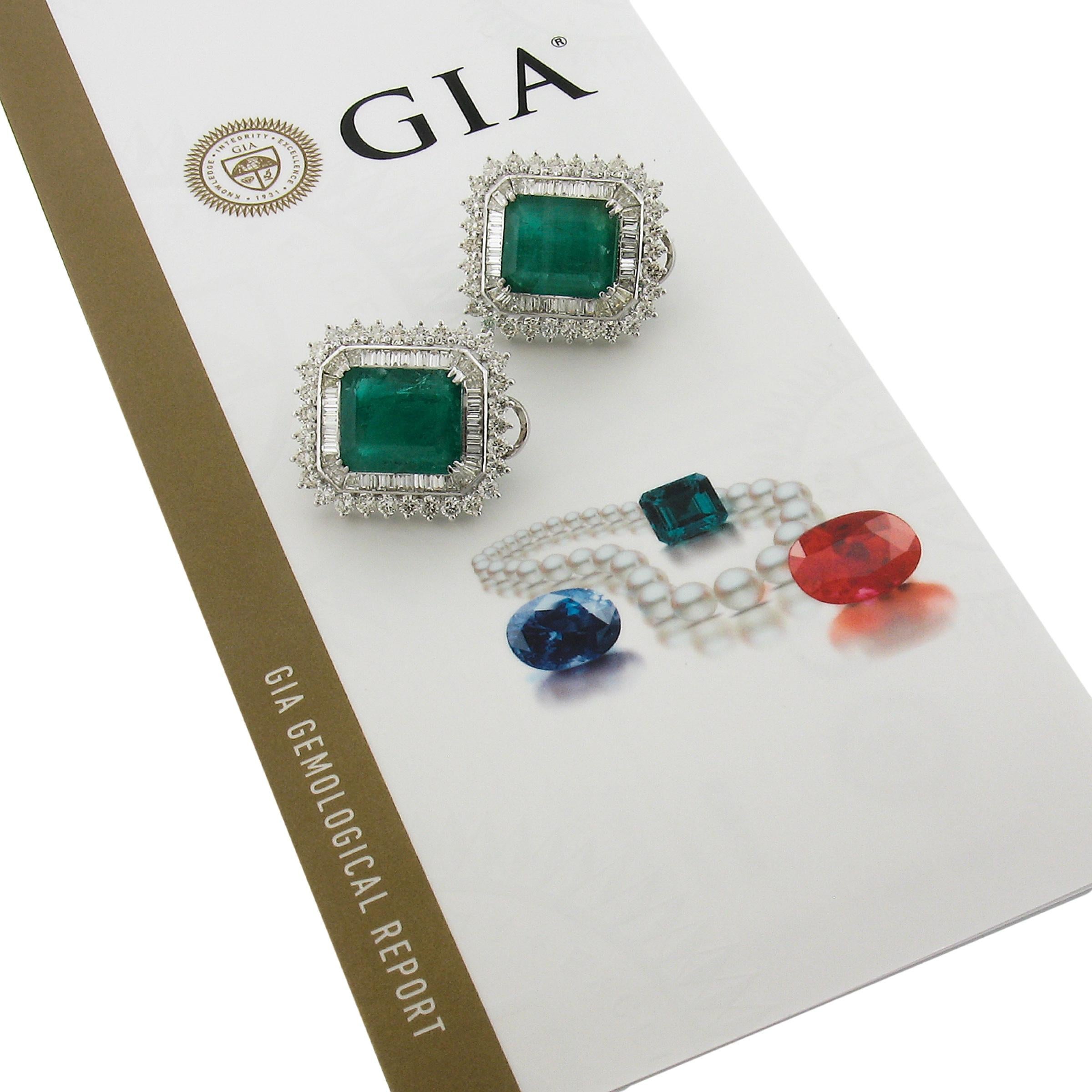 18k Solid White Gold GIA Emerald & Diamond Statement 24ctw Rectangular Earrings 1