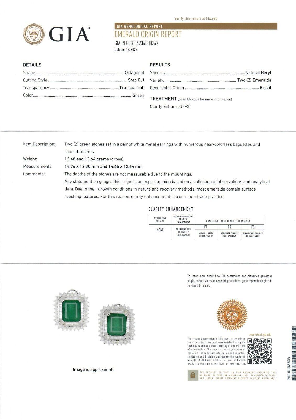 18k Solid White Gold GIA Emerald & Diamond Statement 24ctw Rectangular Earrings 2