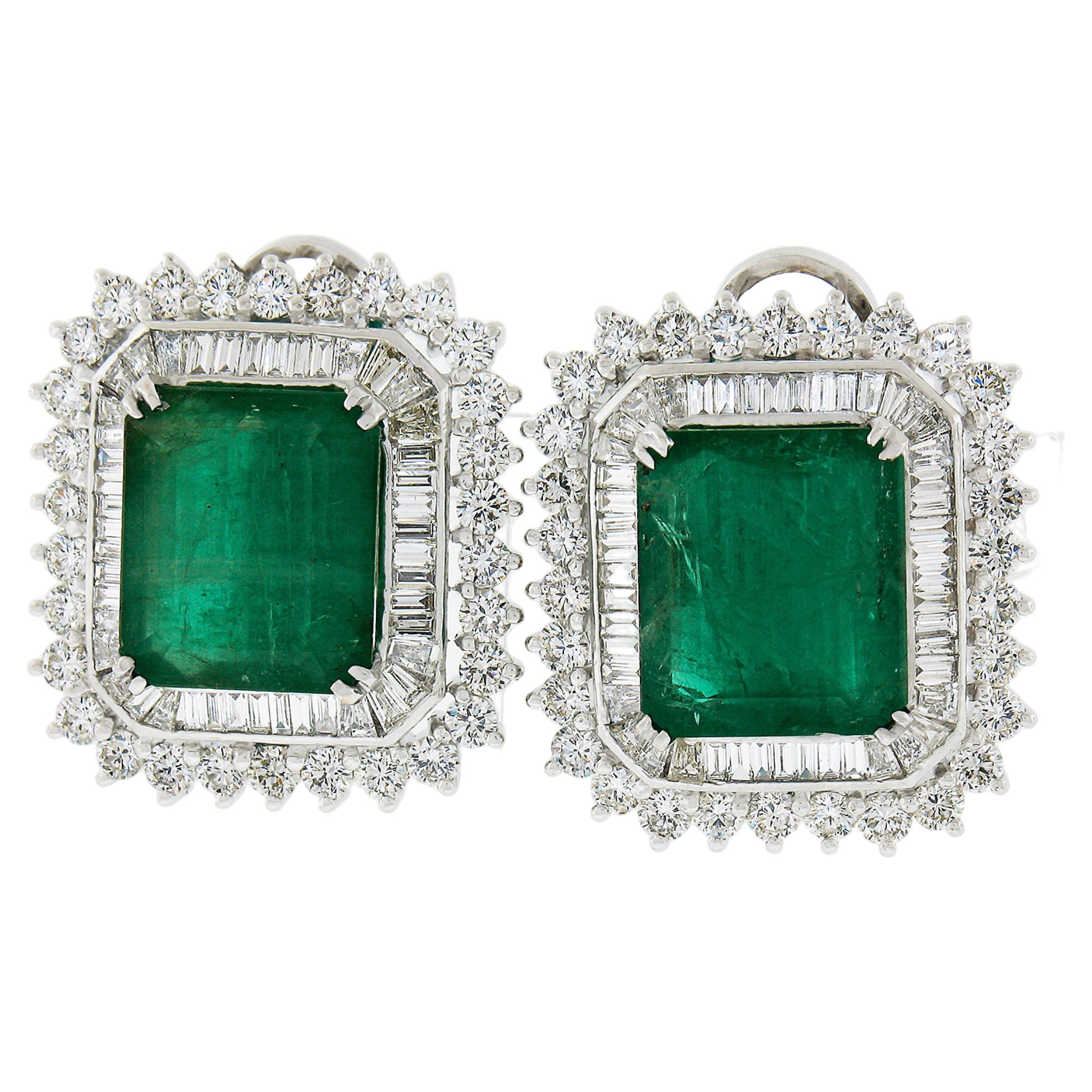 18k Solid White Gold GIA Emerald & Diamond Statement 24ctw Rectangular Earrings
