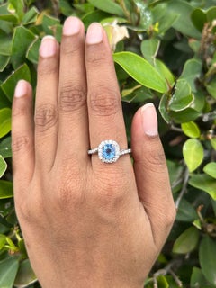 18k Solid White Gold Cushion Blue Sapphire and Diamond Swirl Engagement Ring