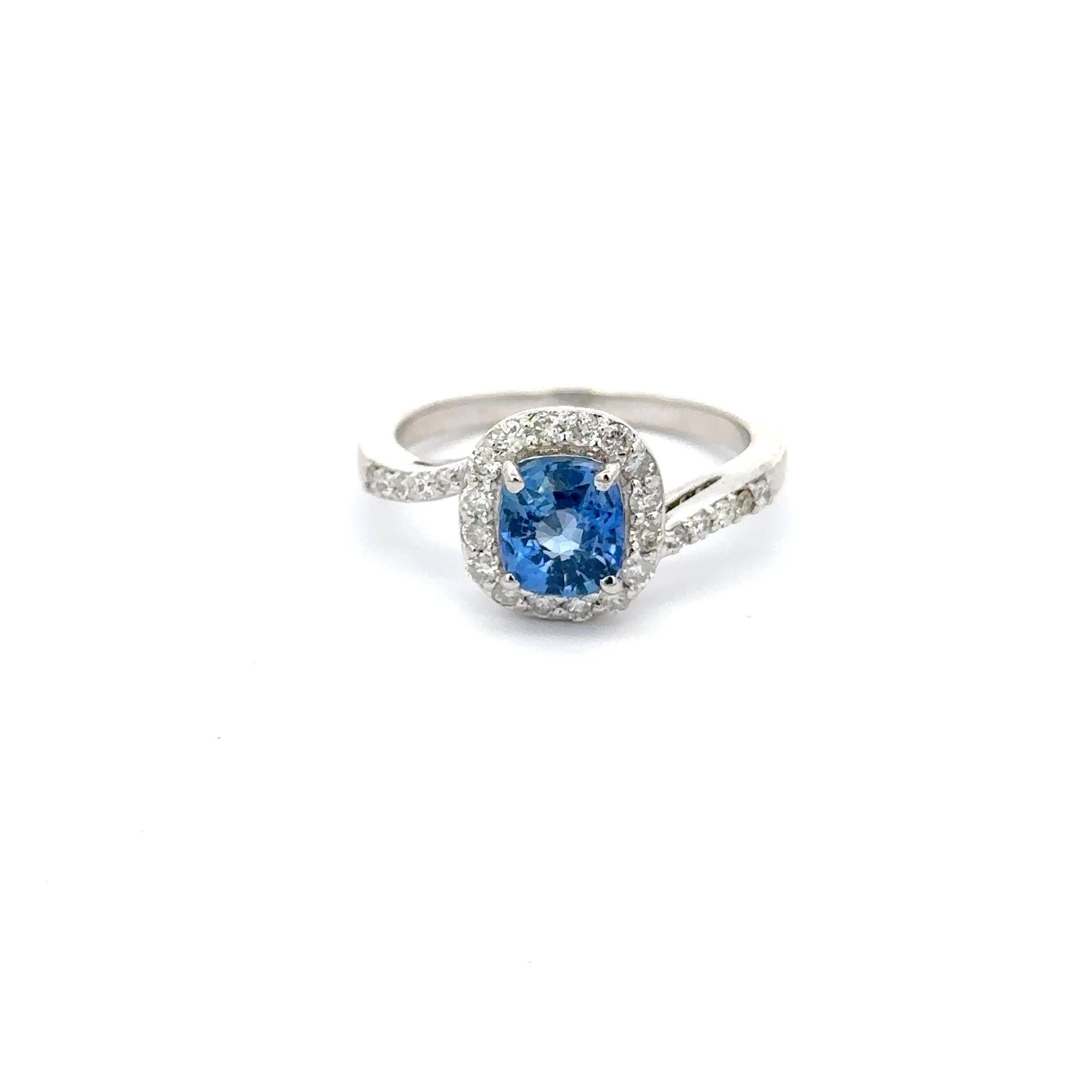 For Sale:  18k Solid White Gold Cushion Blue Sapphire and Diamond Swirl Engagement Ring 3