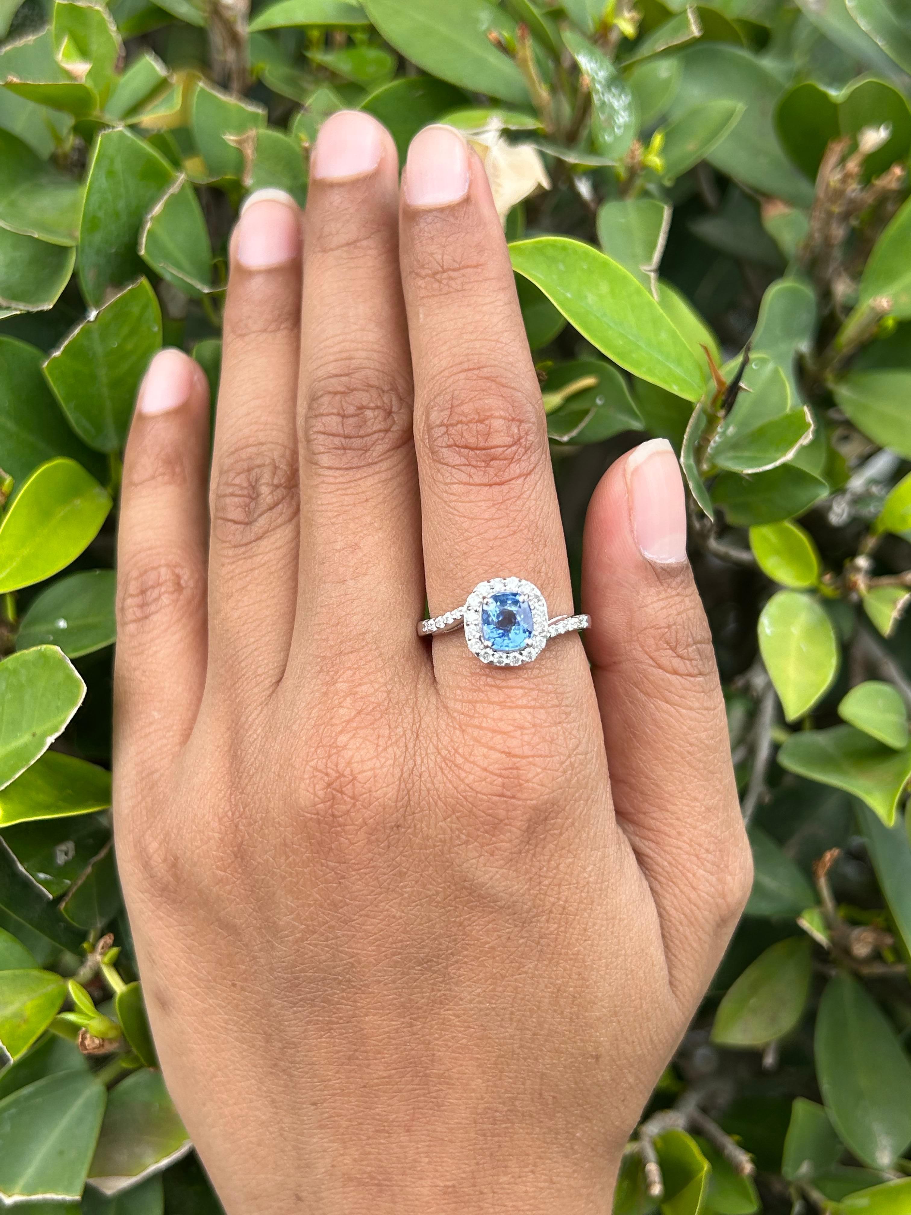 For Sale:  18k Solid White Gold Cushion Blue Sapphire and Diamond Swirl Engagement Ring 4