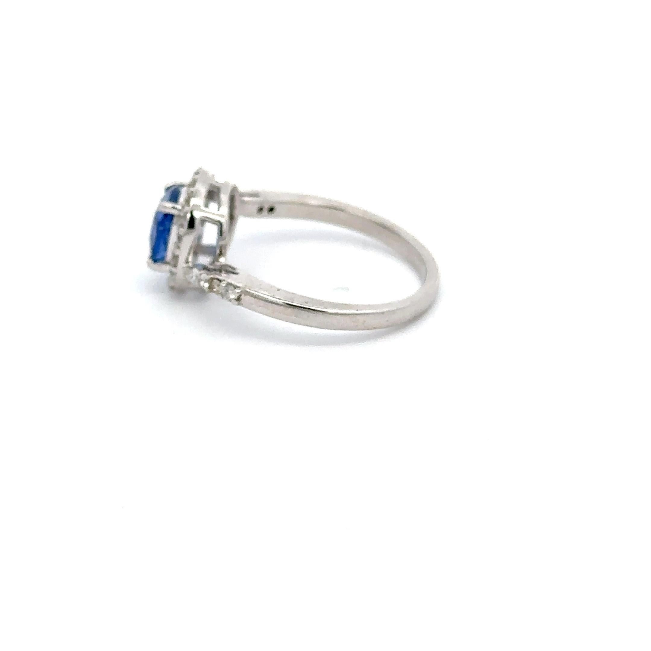 For Sale:  18k Solid White Gold Cushion Blue Sapphire and Diamond Swirl Engagement Ring 5