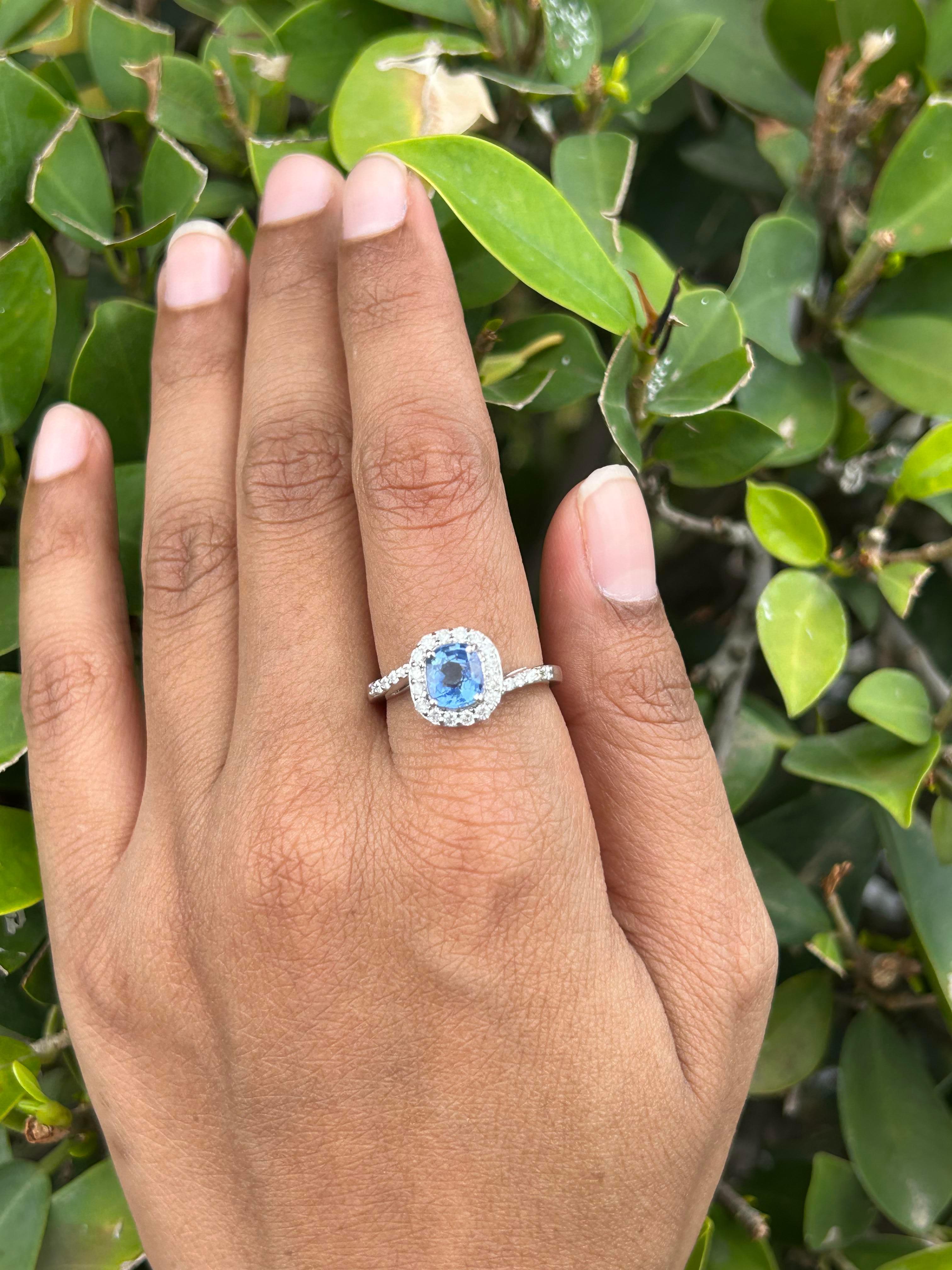 For Sale:  18k Solid White Gold Cushion Blue Sapphire and Diamond Swirl Engagement Ring 6