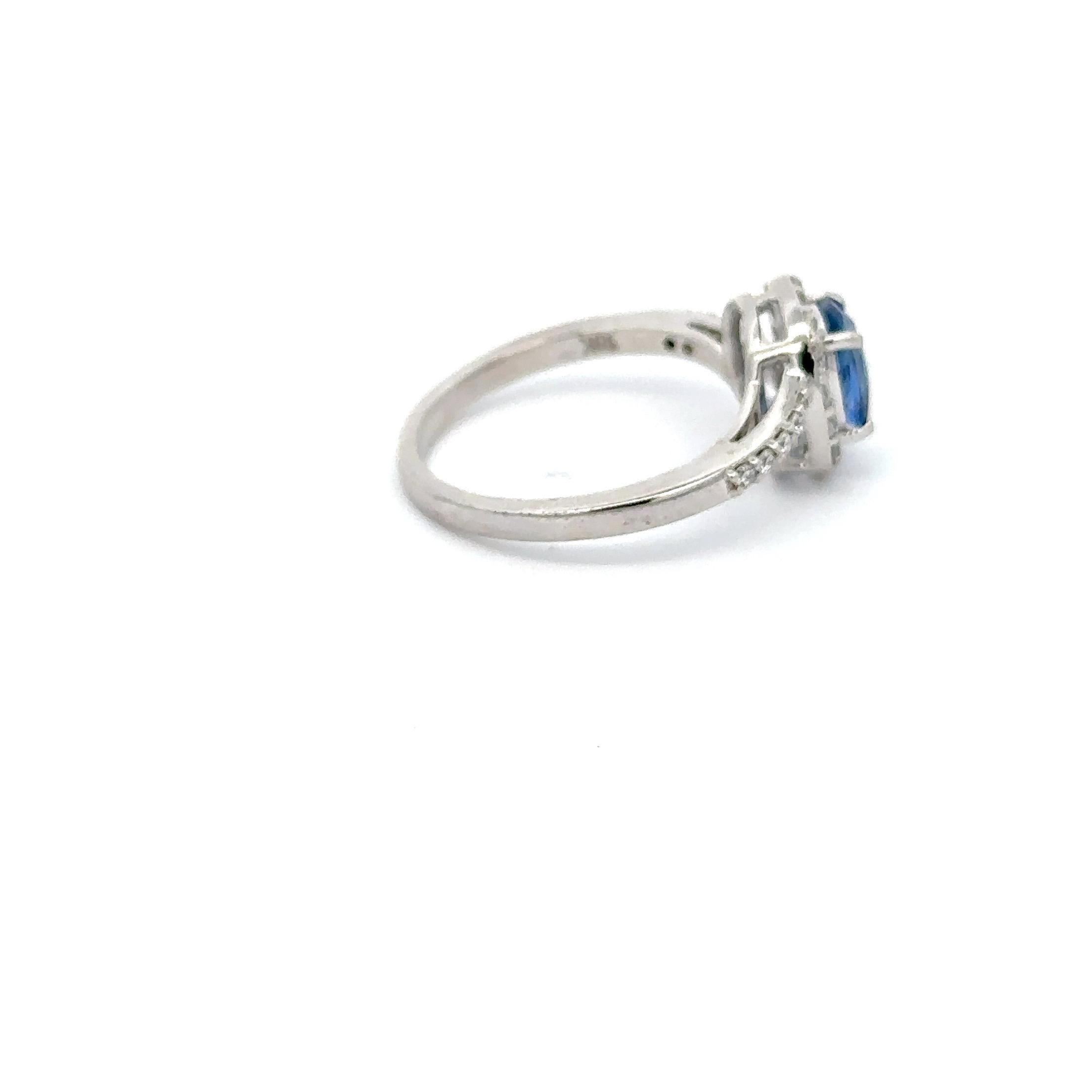 For Sale:  18k Solid White Gold Cushion Blue Sapphire and Diamond Swirl Engagement Ring 9