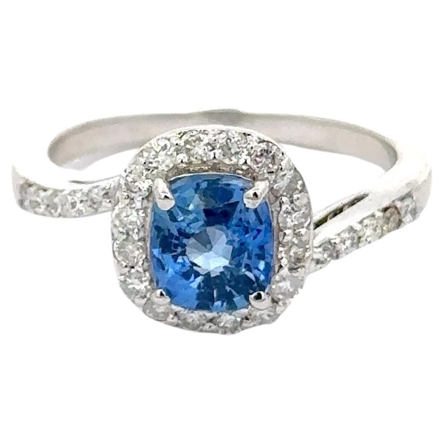 For Sale:  18k Solid White Gold Cushion Blue Sapphire and Diamond Swirl Engagement Ring