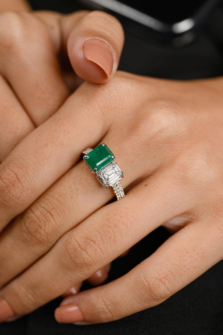 For Sale:  18k Solid White Gold Octagon Vivid Green Emerald and  Diamond Toi Et Moi Ring 2