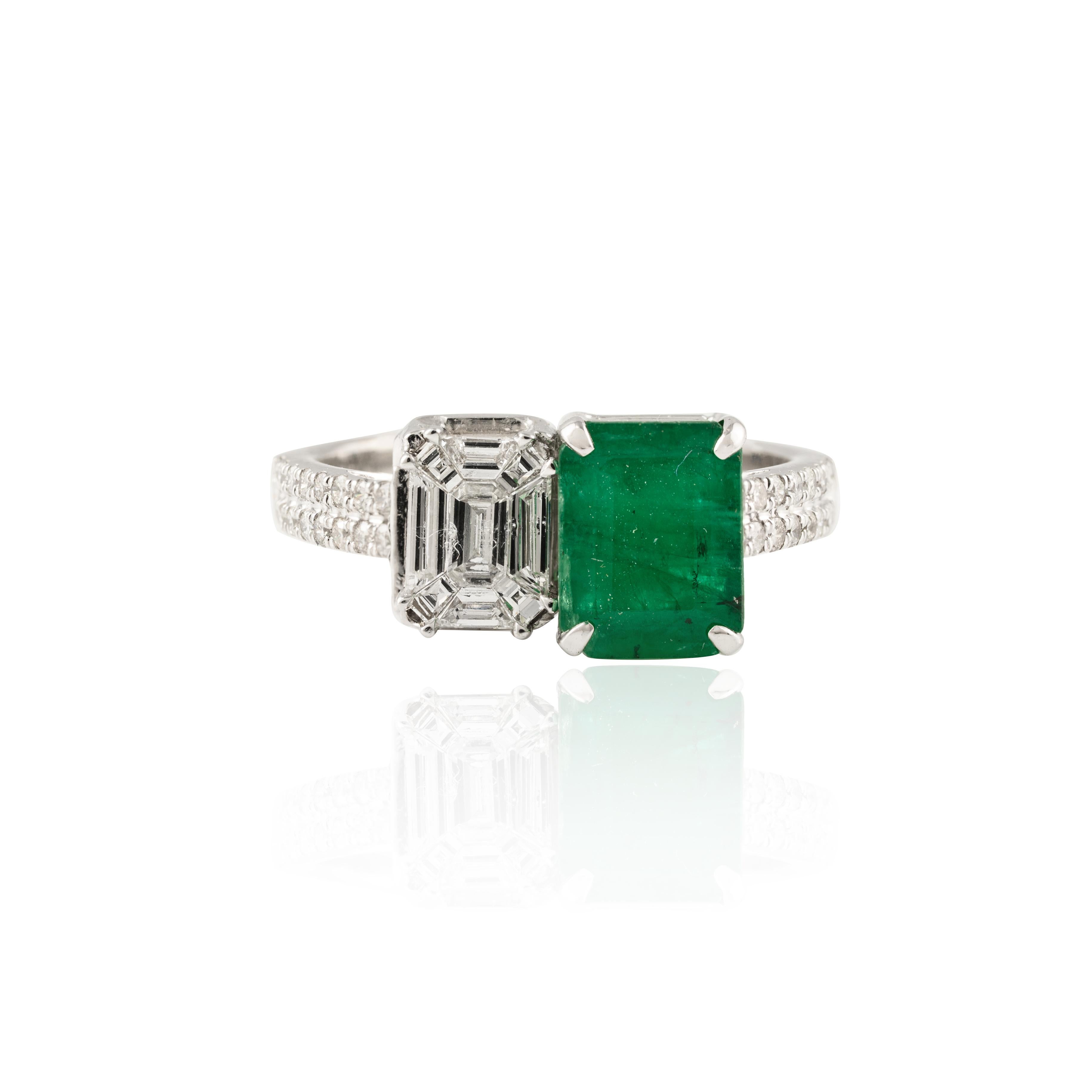 For Sale:  18k Solid White Gold Octagon Vivid Green Emerald and  Diamond Toi Et Moi Ring 5