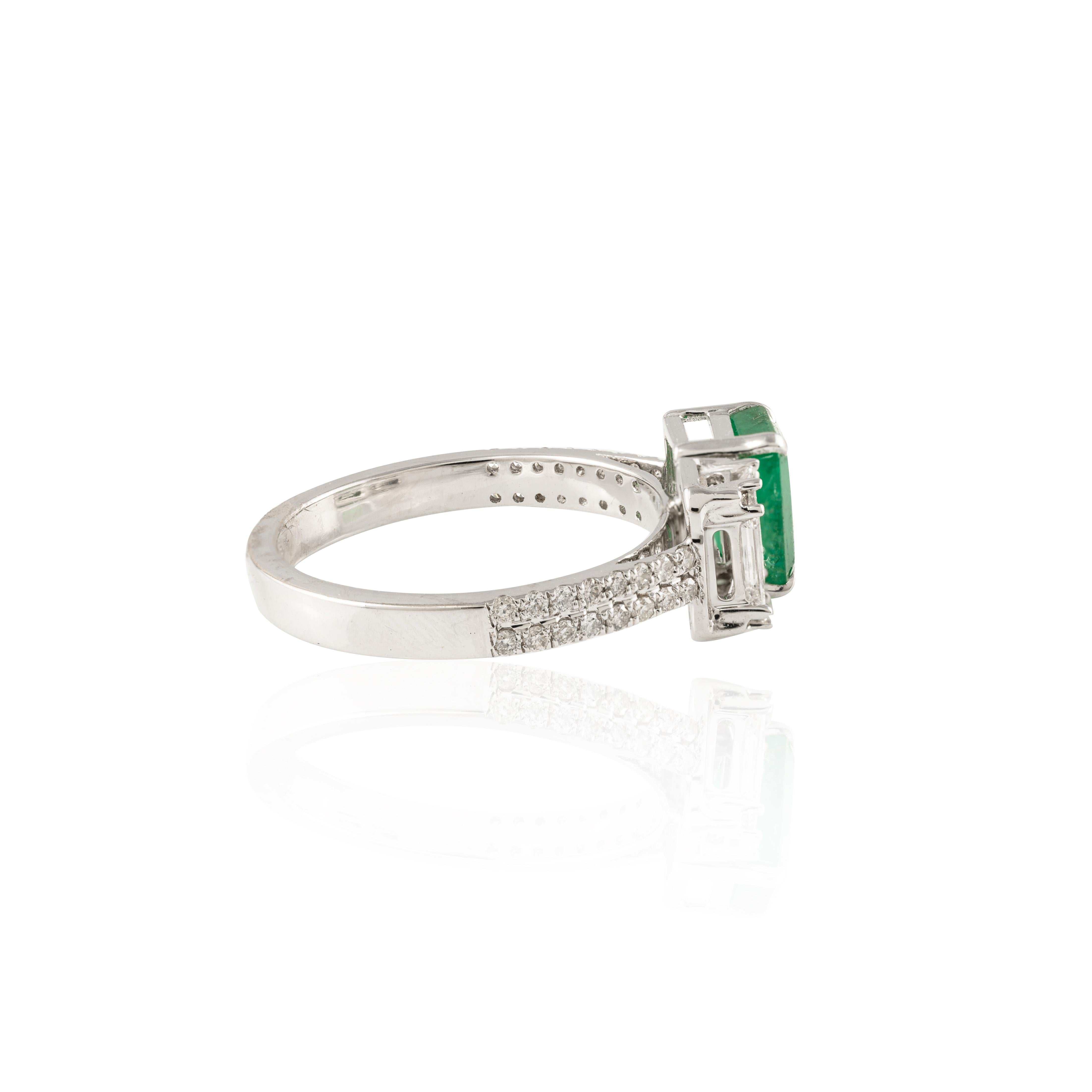 For Sale:  18k Solid White Gold Octagon Vivid Green Emerald and  Diamond Toi Et Moi Ring 6