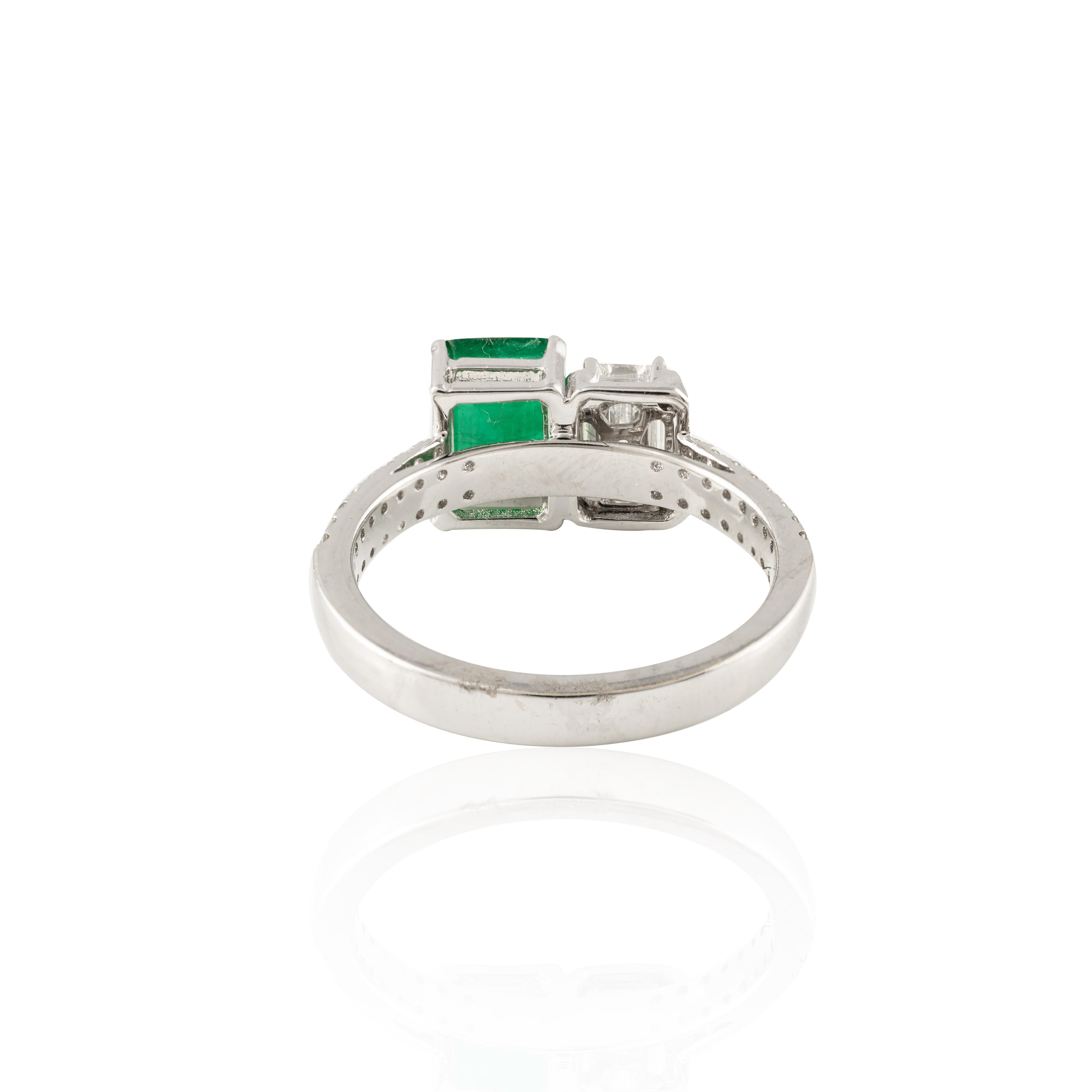 For Sale:  18k Solid White Gold Octagon Vivid Green Emerald and  Diamond Toi Et Moi Ring 7