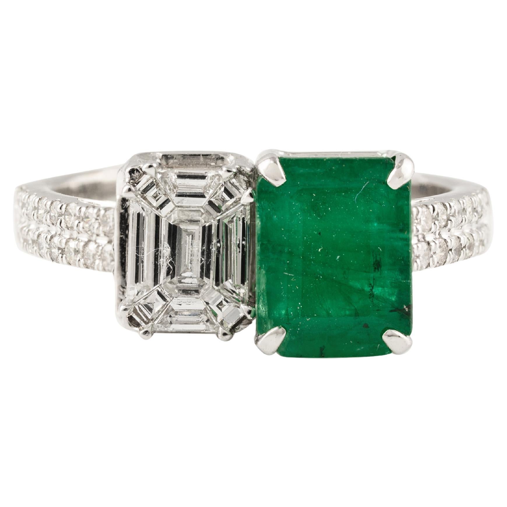 18k Solid White Gold Octagon Vivid Green Emerald and  Diamond Toi Et Moi Ring