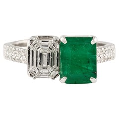 Or blanc massif 18k Octogone Émeraude verte Vivid et  Bague Toi Et Moi en diamant