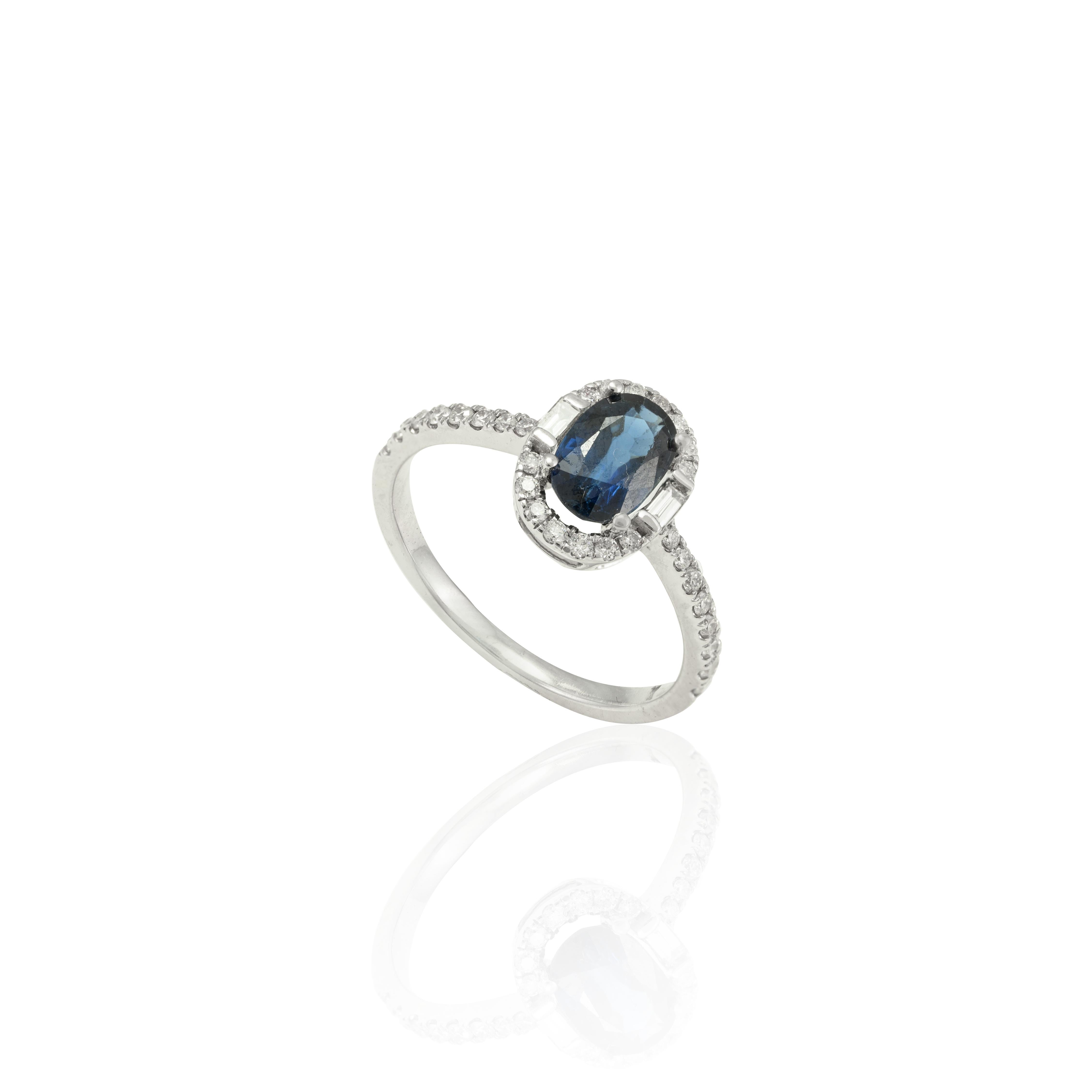 For Sale:  18k Solid White Gold Natural Diamond and Oval Deep Blue Sapphire Engagement Ring 4