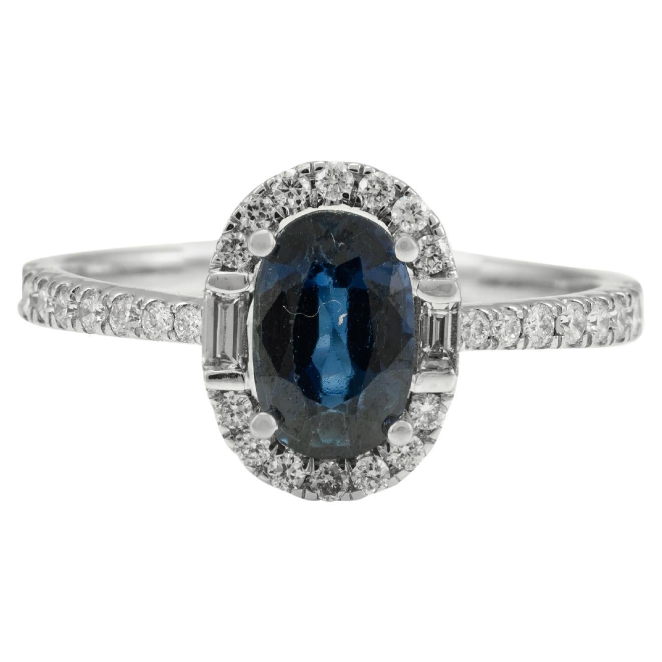 18k Solid White Gold Natural Diamond and Oval Deep Blue Sapphire Engagement Ring
