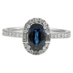 18k Solid White Gold Natural Diamond and Oval Deep Blue Sapphire Engagement Ring