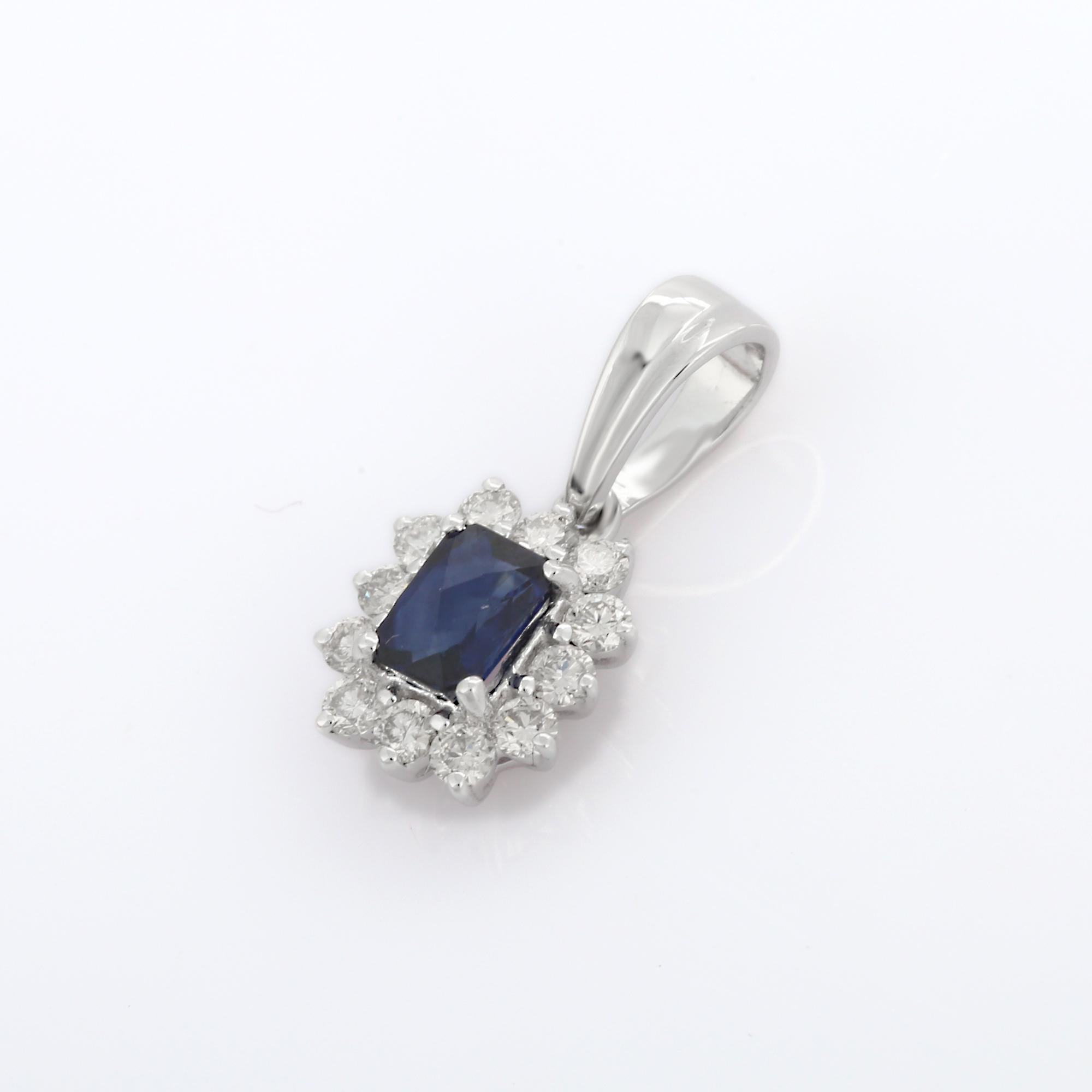 Natural Blue Sapphire pendant in 18K Gold. It has a octagon cut sapphire studded with diamonds that completes your look with a decent touch. Pendants are used to wear or gifted to represent love and promises. It's an attractive jewelry piece that