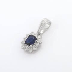 18K Solid White Gold Octagon Cut Blue Sapphire Pendant with Diamonds