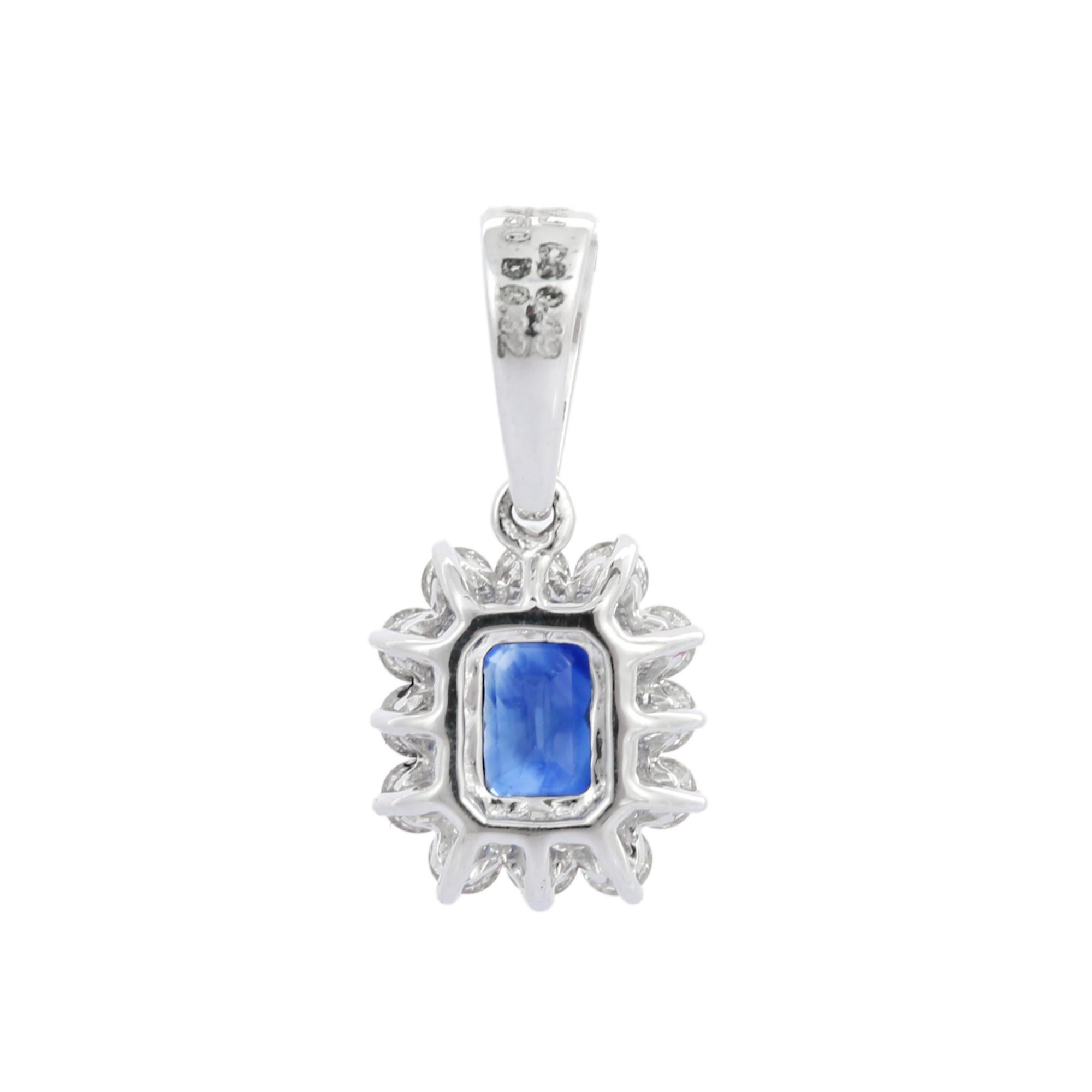 18K Solid White Gold Octagon Cut Blue Sapphire Pendant with Diamonds In New Condition For Sale In Houston, TX