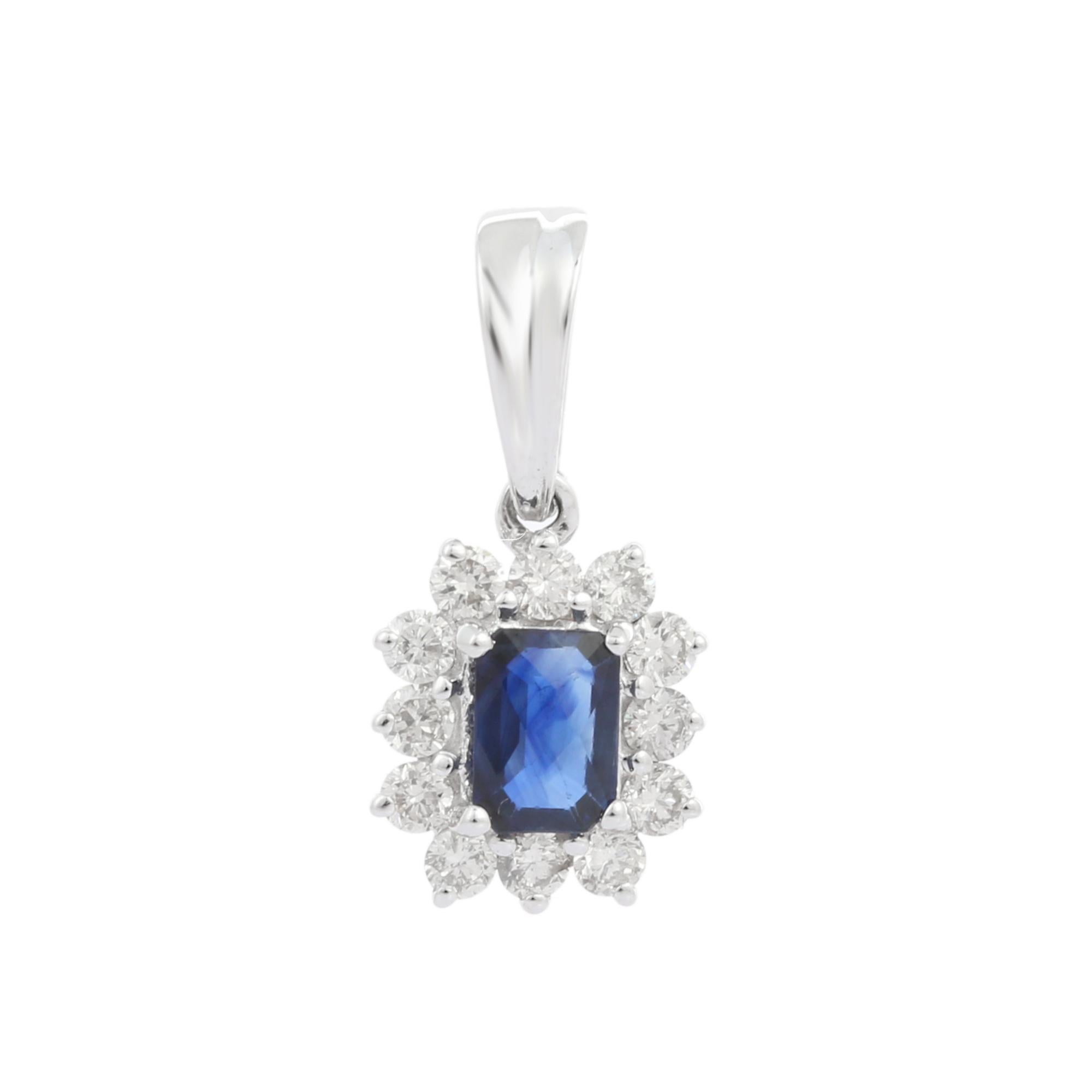 Women's 18K Solid White Gold Octagon Cut Blue Sapphire Pendant with Diamonds For Sale