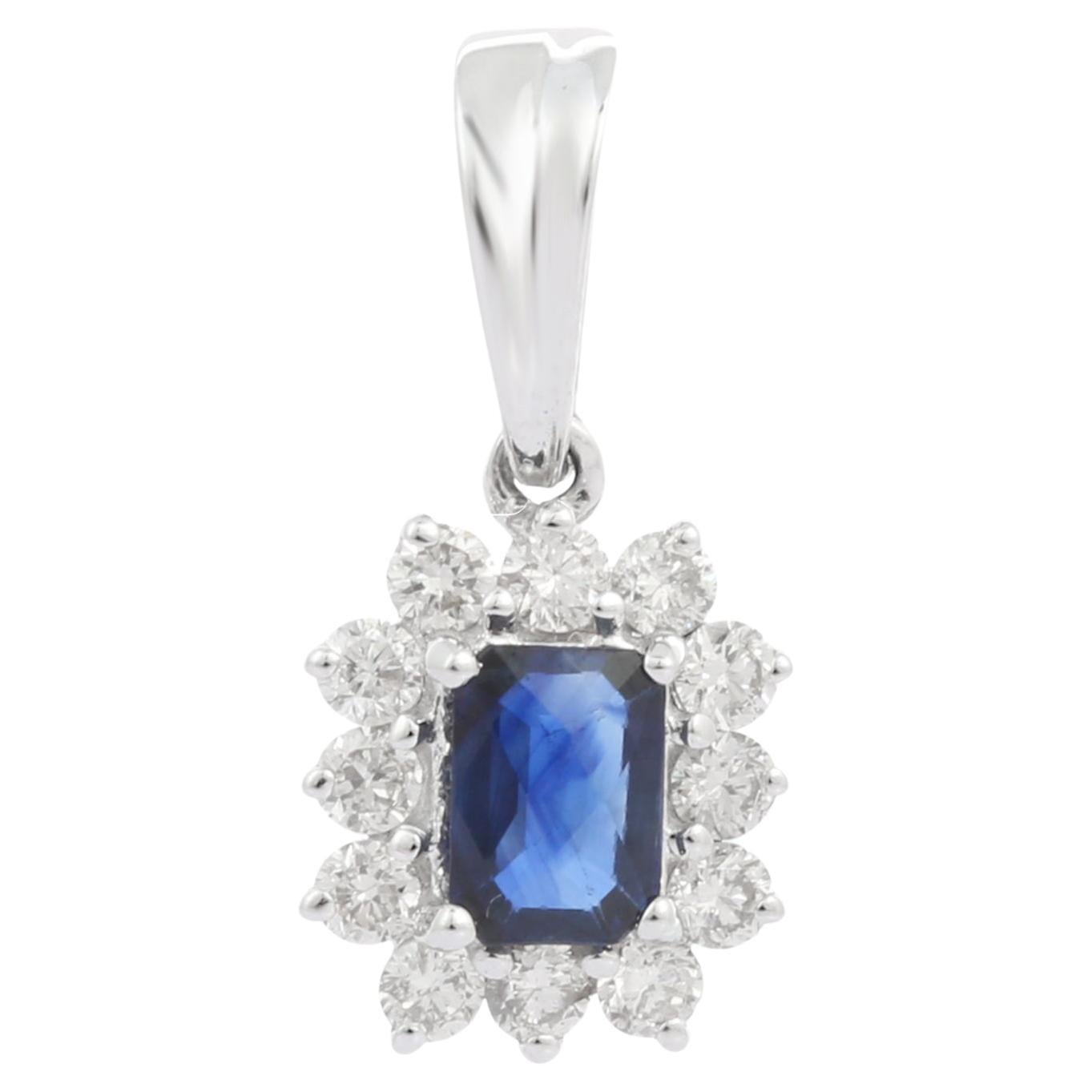 18K Solid White Gold Octagon Cut Blue Sapphire Pendant with Diamonds