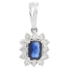 18K Solid White Gold Octagon Cut Blue Sapphire Pendant with Diamonds