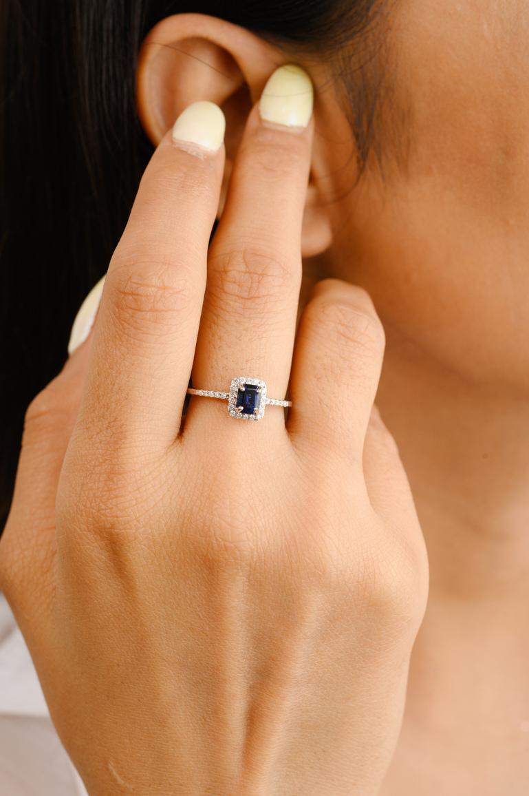For Sale:  18k Solid White Gold Octagon Blue Sapphire and Diamond Halo Engagement Ring 2
