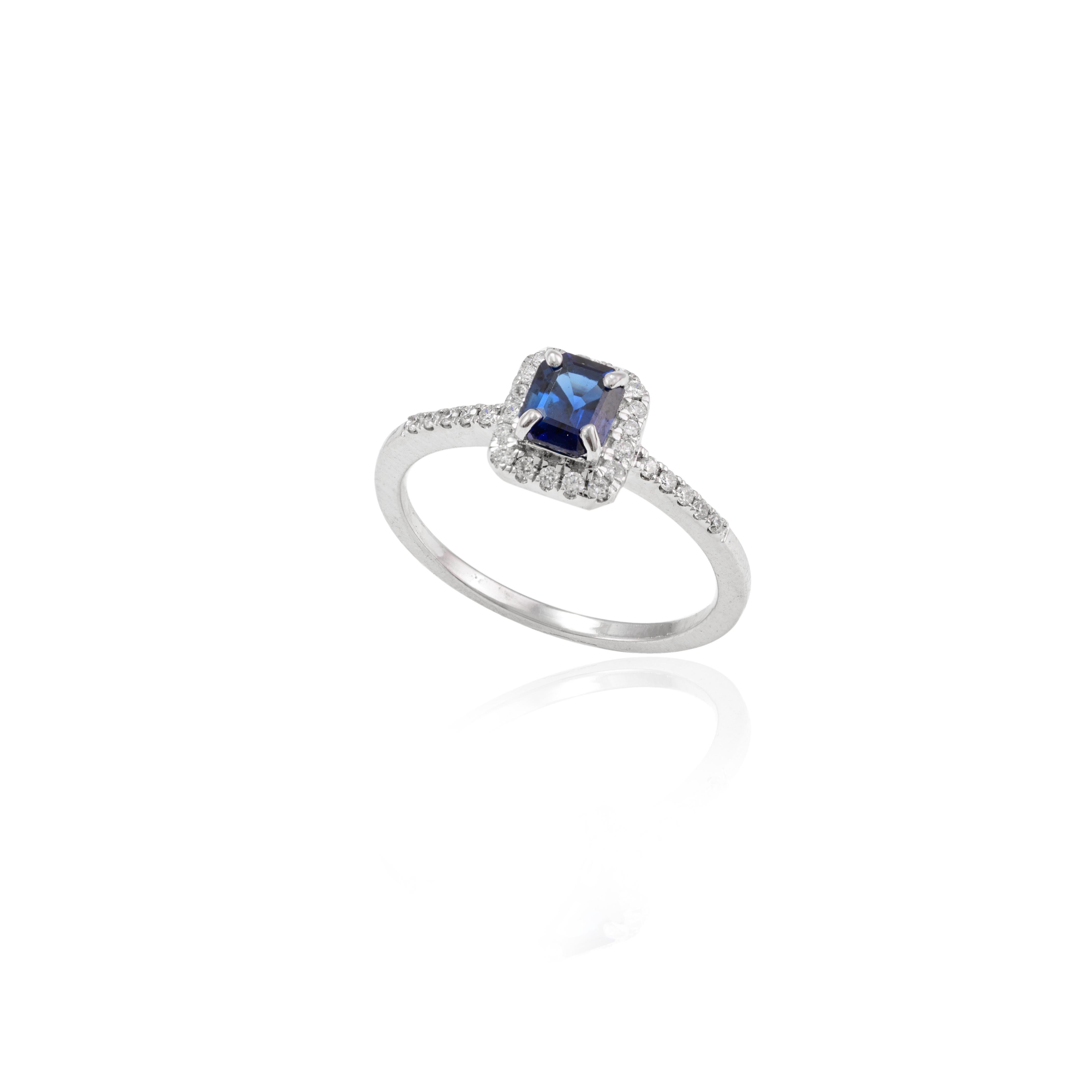 For Sale:  18k Solid White Gold Octagon Blue Sapphire and Diamond Halo Engagement Ring 4