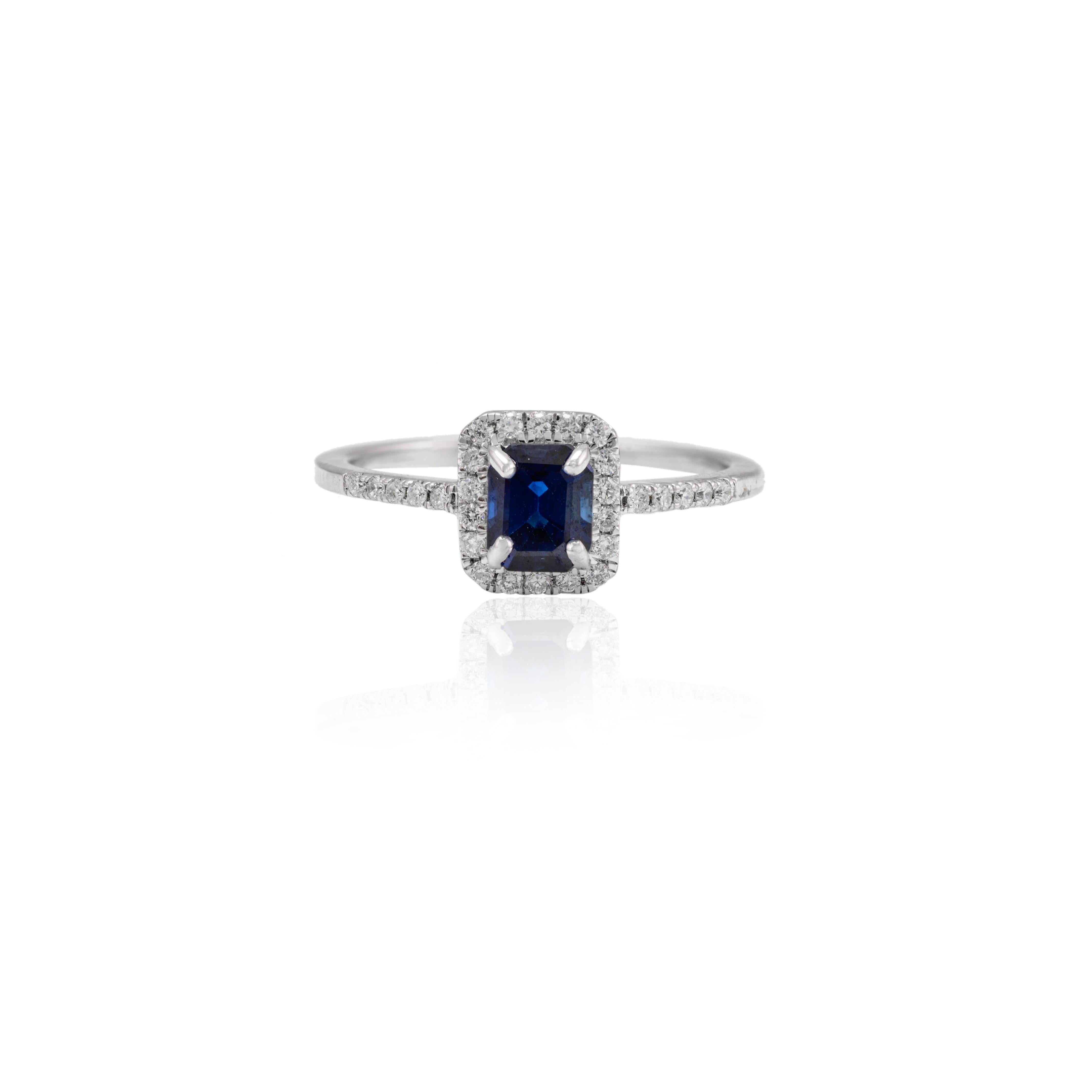 For Sale:  18k Solid White Gold Octagon Blue Sapphire and Diamond Halo Engagement Ring 5