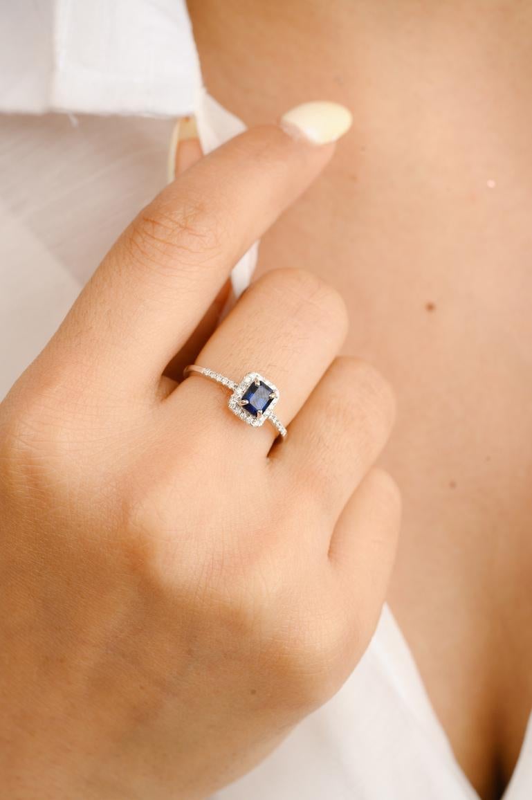 For Sale:  18k Solid White Gold Octagon Blue Sapphire and Diamond Halo Engagement Ring 7