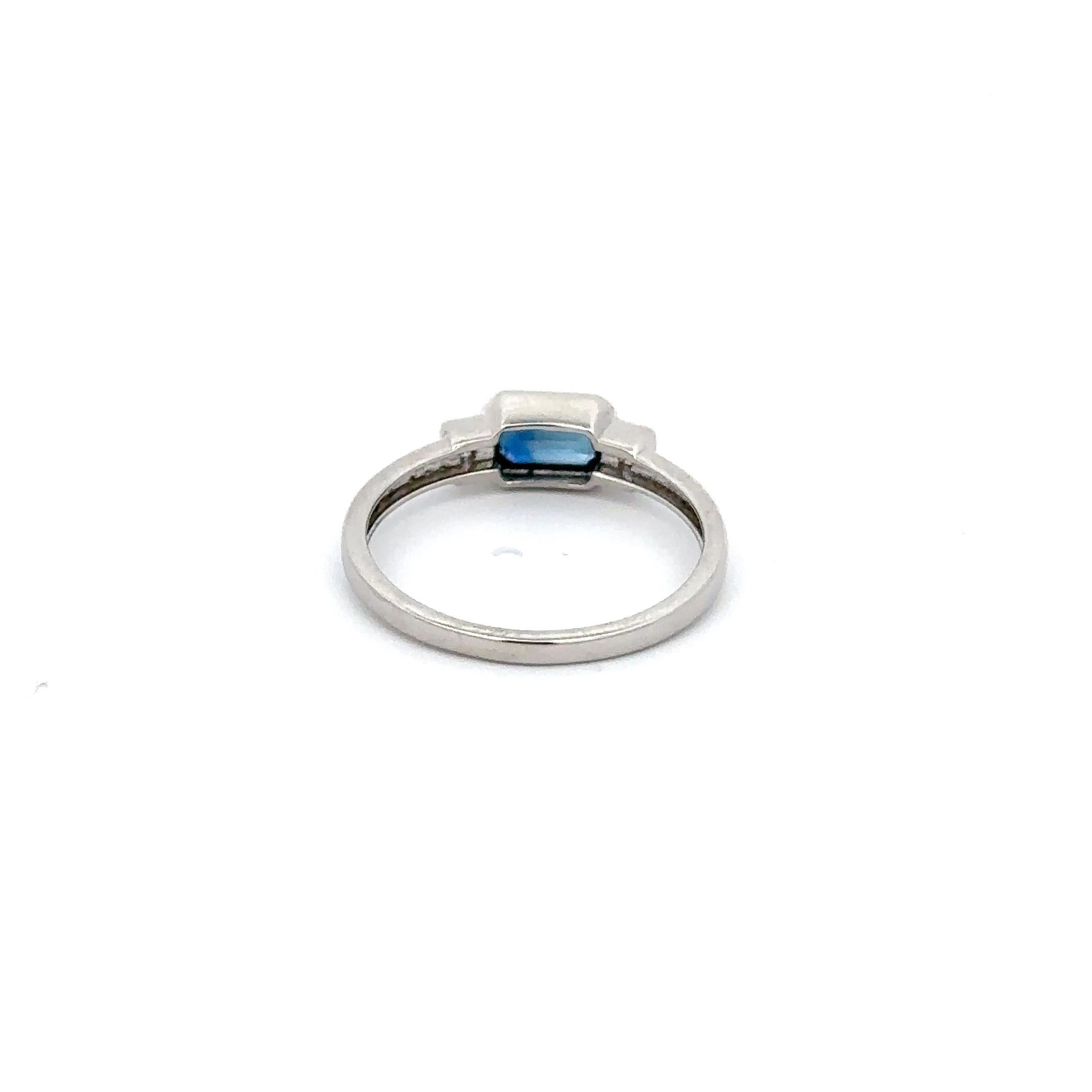 For Sale:  18k Solid White Gold East West Octagon Sapphire and Diamond Three Stone Ring 2