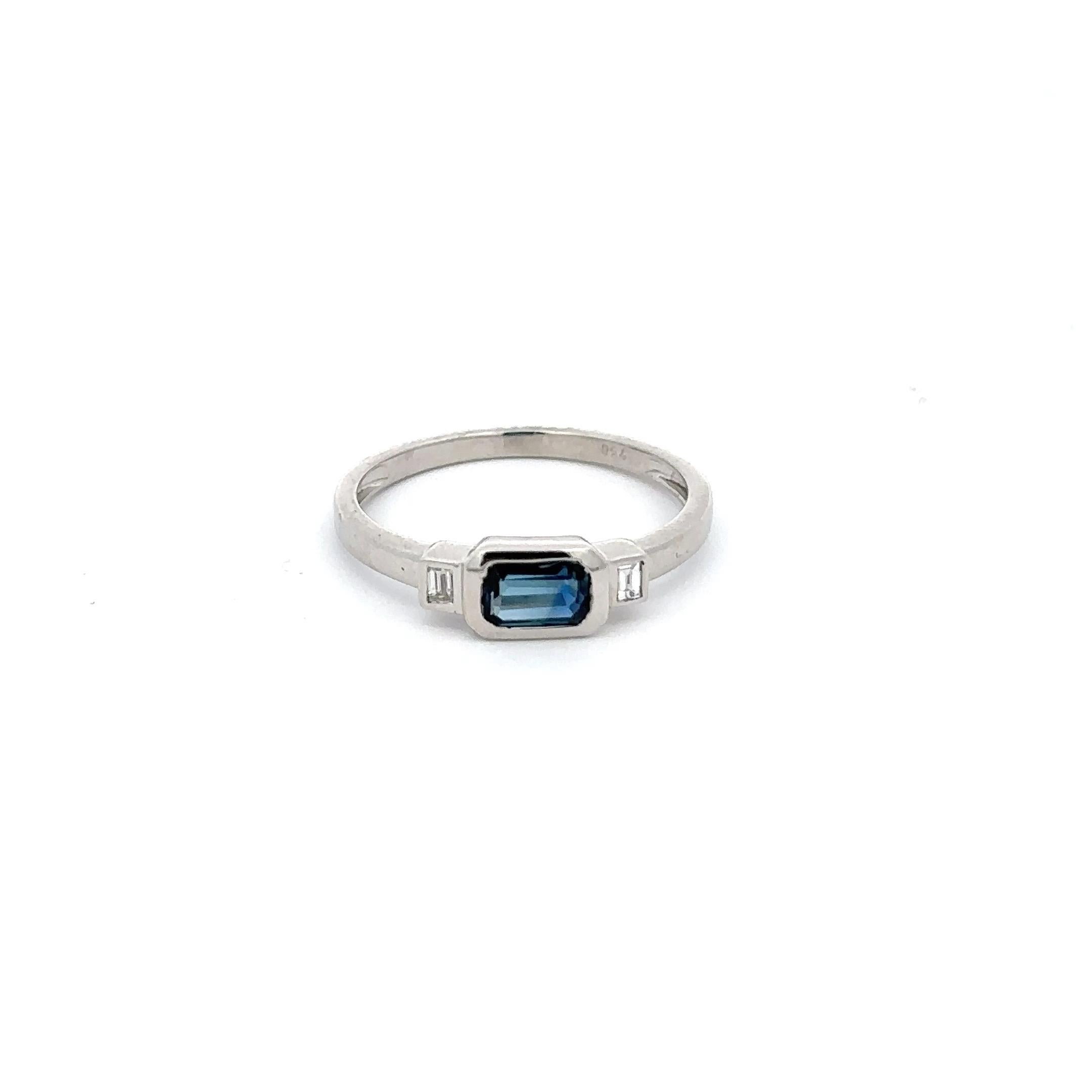 For Sale:  18k Solid White Gold East West Octagon Sapphire and Diamond Three Stone Ring 4