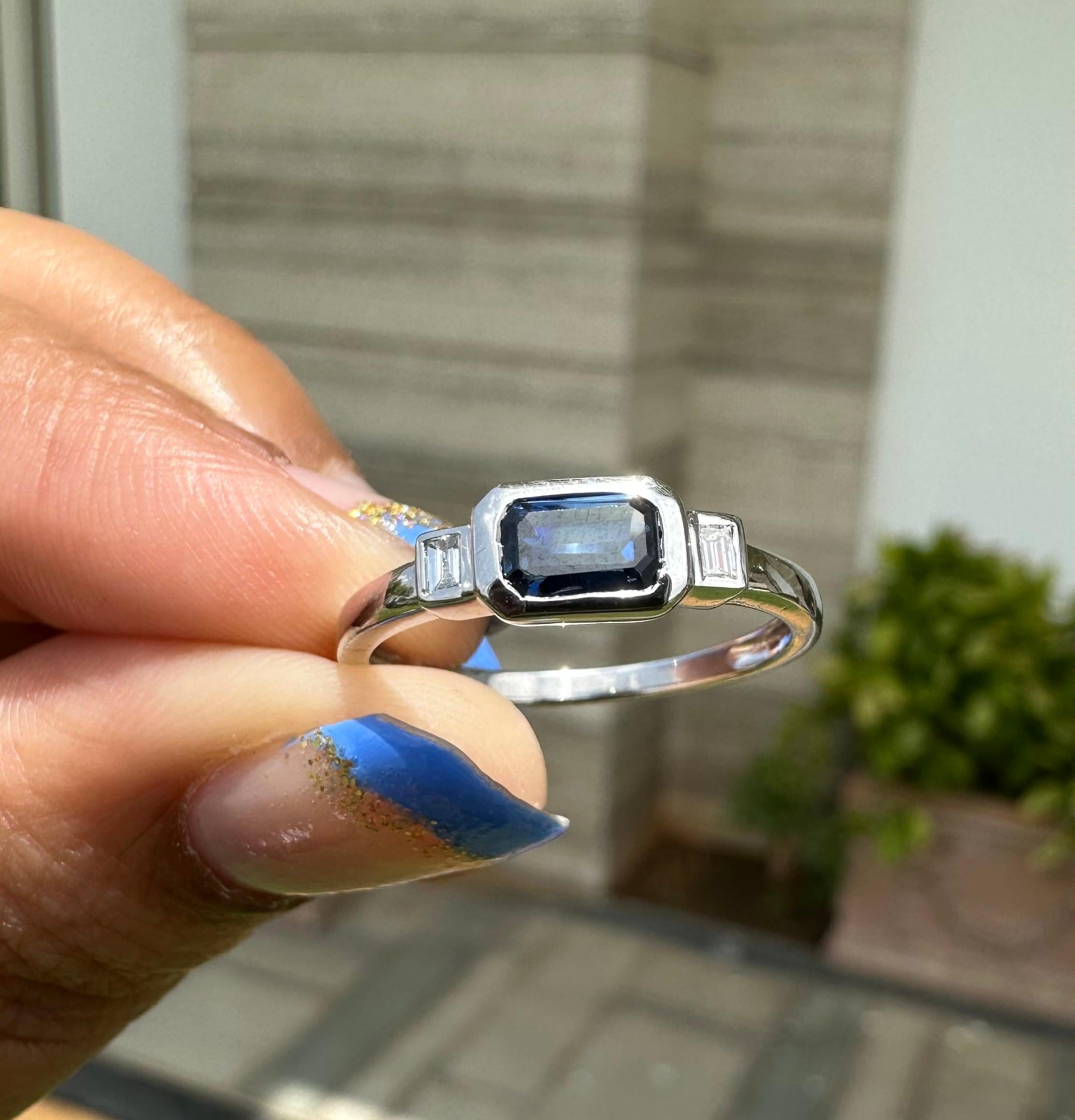 For Sale:  18k Solid White Gold East West Octagon Sapphire and Diamond Three Stone Ring 7