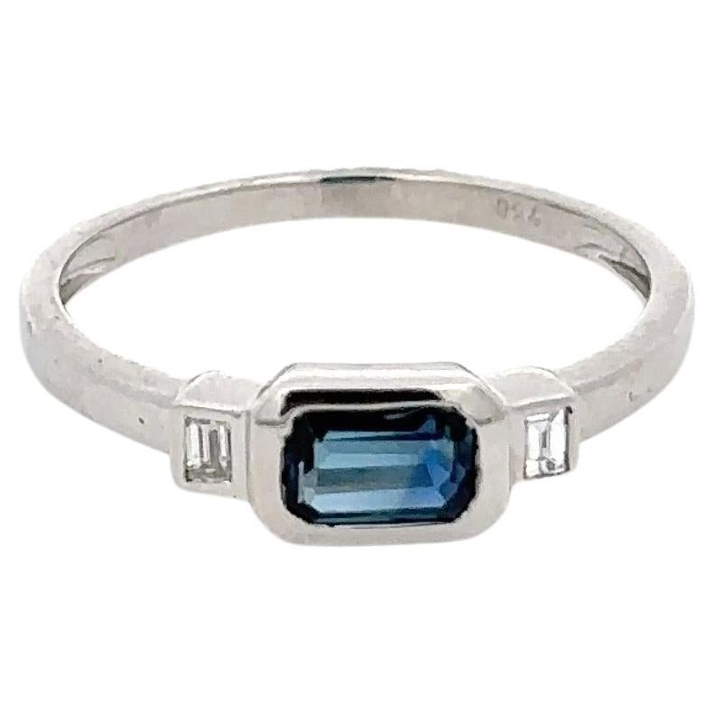 For Sale:  18k Solid White Gold East West Octagon Sapphire and Diamond Three Stone Ring