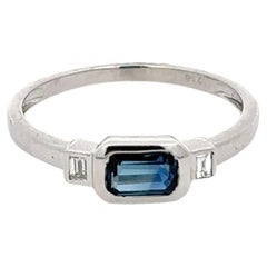 18k Solid White Gold East West Octagon Sapphire and Diamond Three Stone Ring