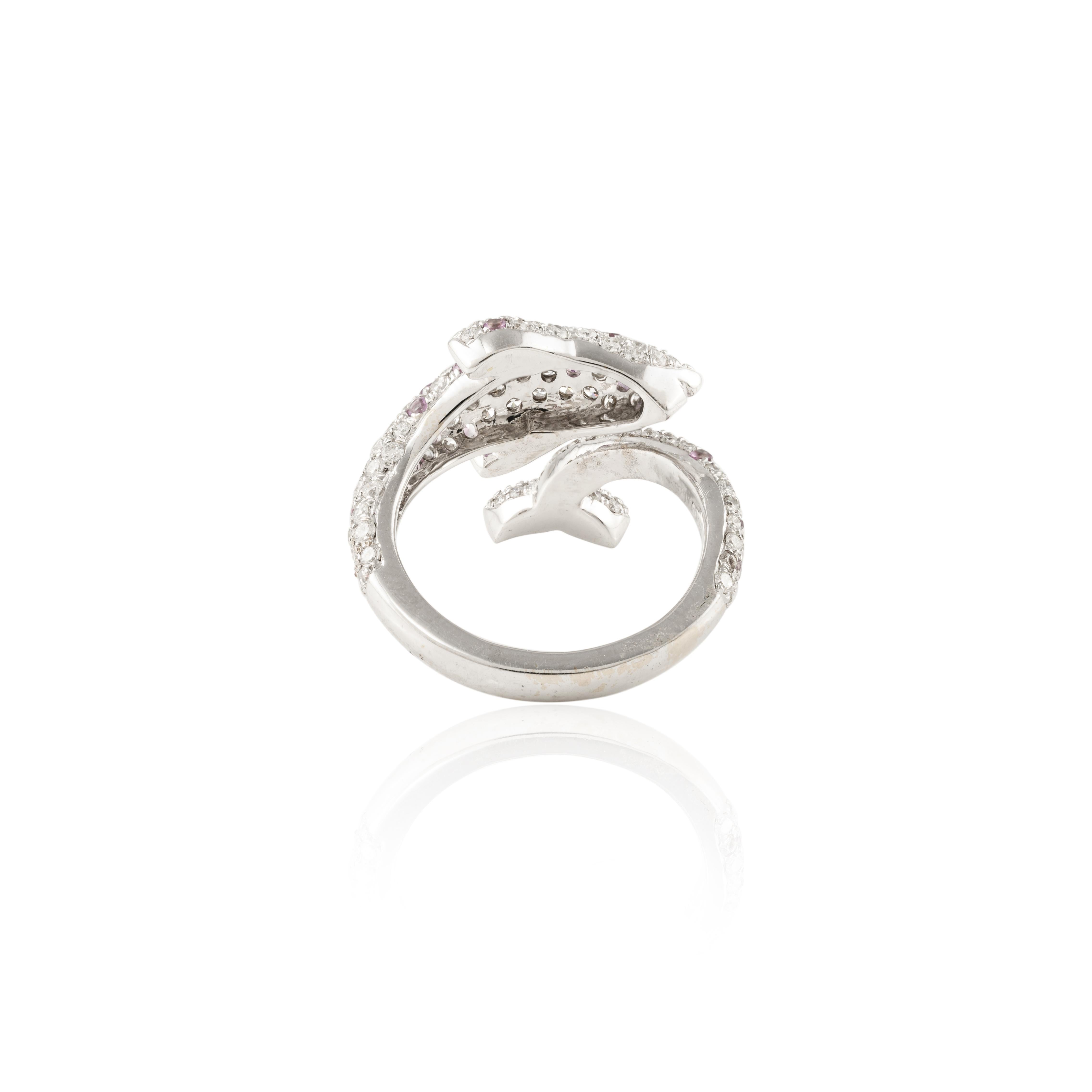18 Karat massives Weißgold Bypass-Ring mit Amethyst und Diamant in Pavé-Fassung und Delphin im Angebot 1