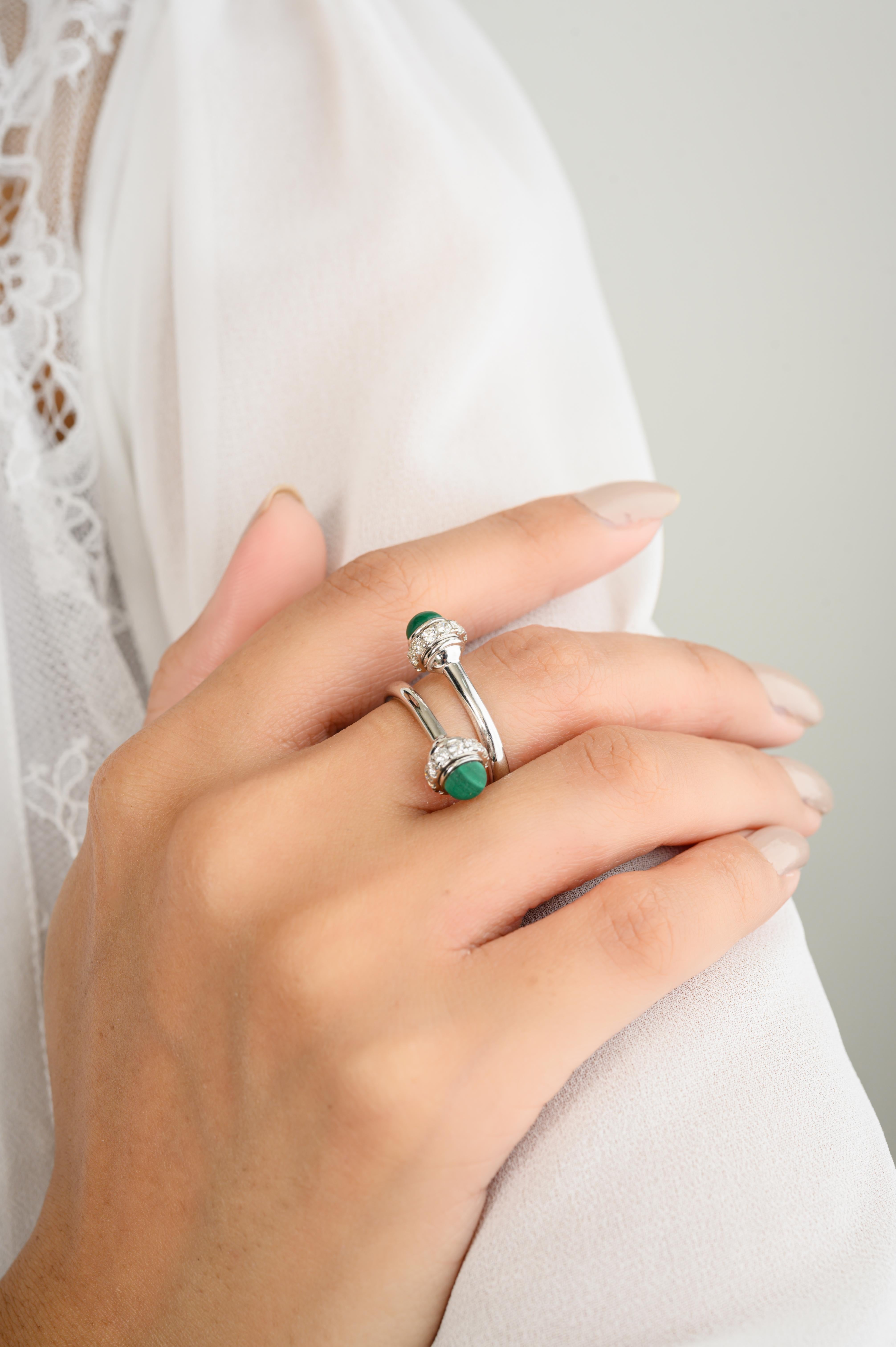For Sale:  18k Solid White Gold Possession Malachite Diamond Open Ring Fine Jewelry 2