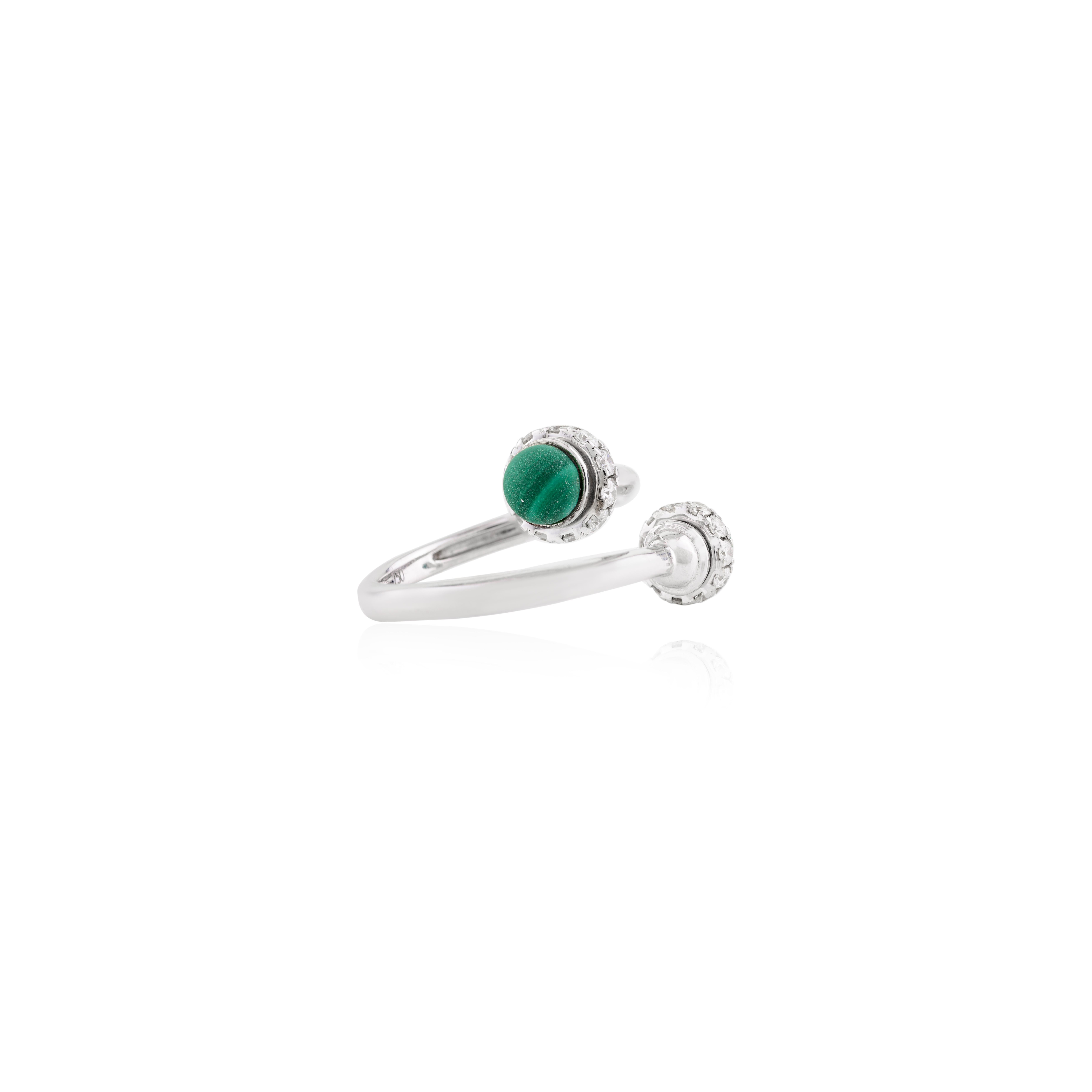For Sale:  18k Solid White Gold Possession Malachite Diamond Open Ring Fine Jewelry 5