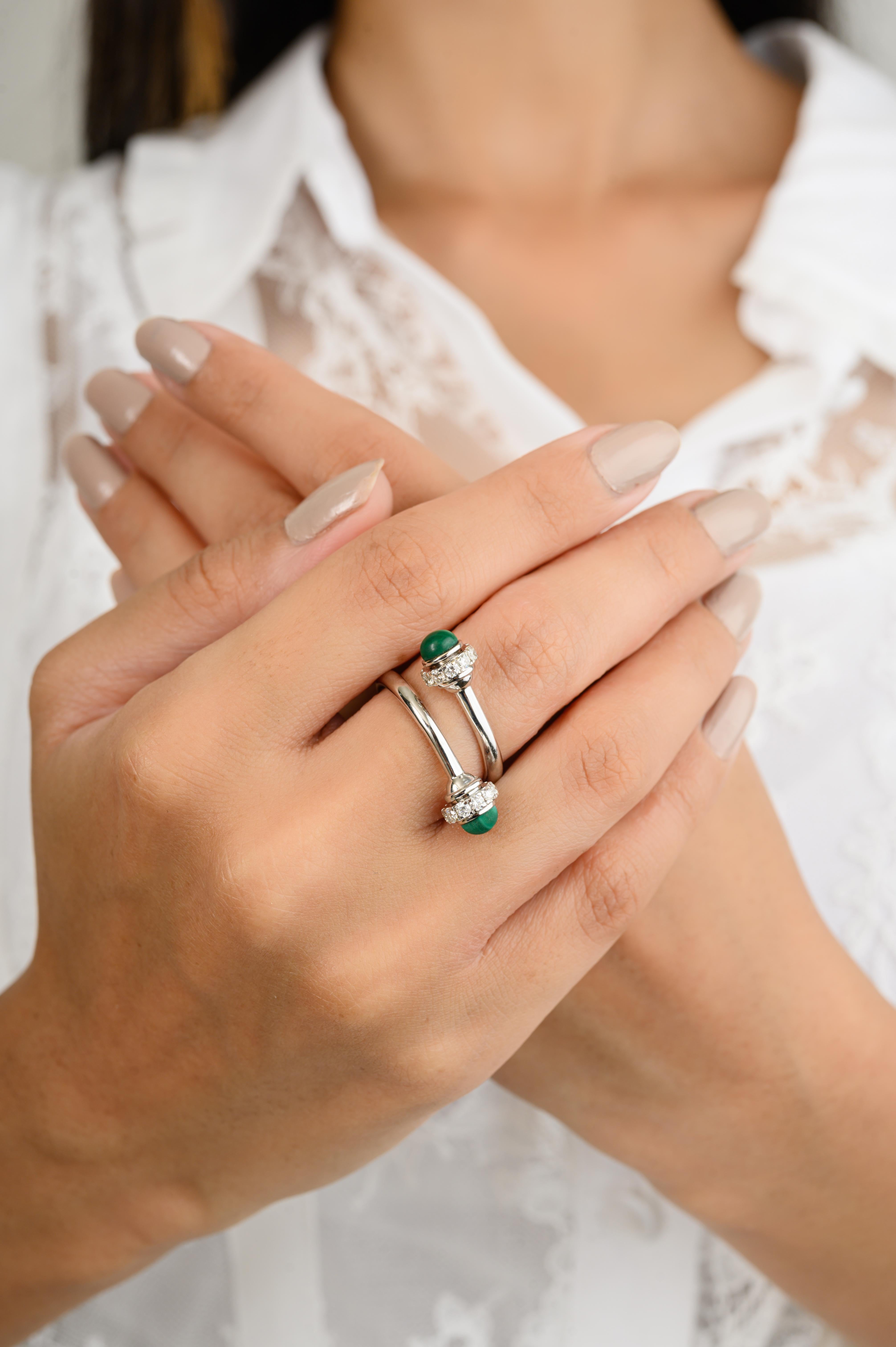 For Sale:  18k Solid White Gold Possession Malachite Diamond Open Ring Fine Jewelry 6