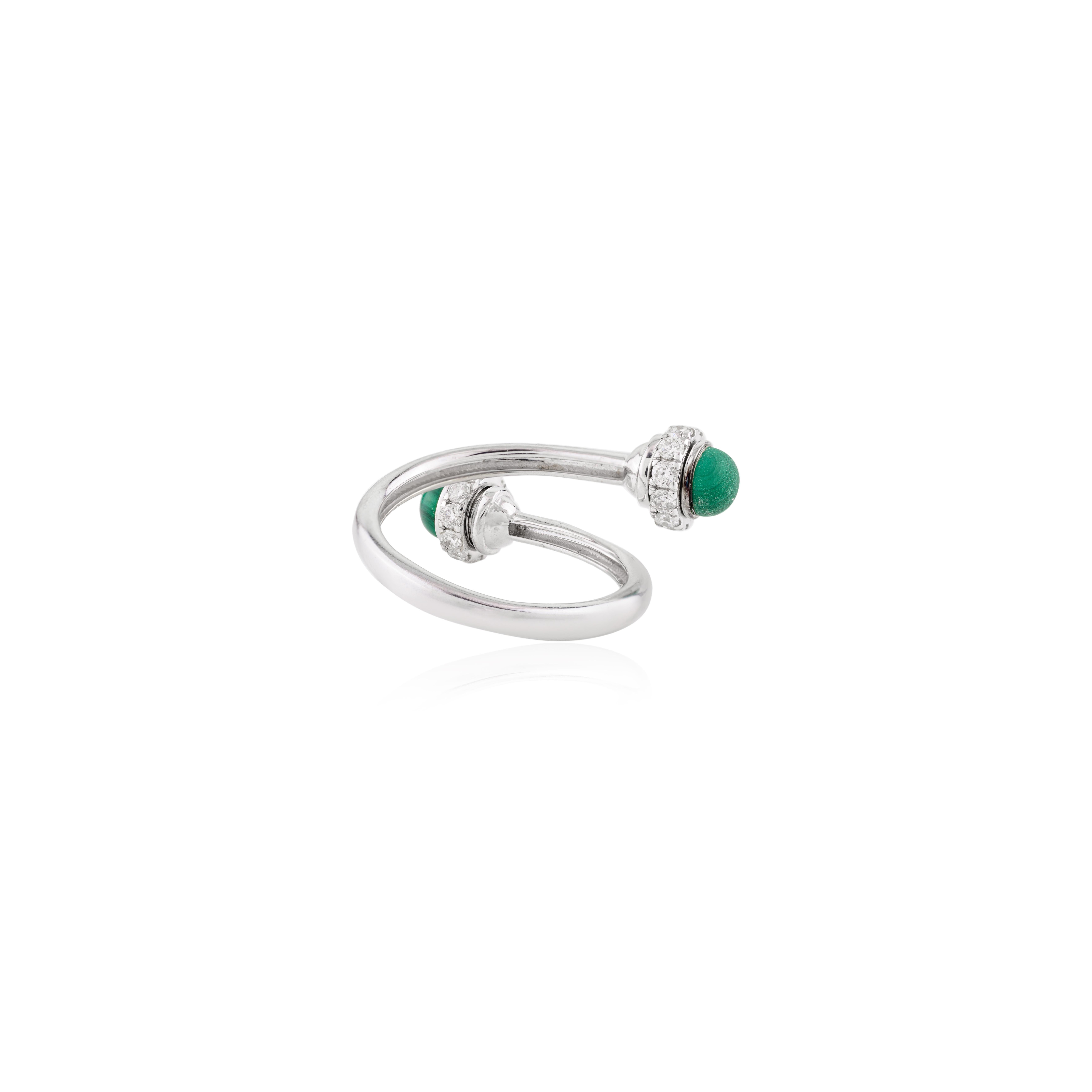 For Sale:  18k Solid White Gold Possession Malachite Diamond Open Ring Fine Jewelry 7